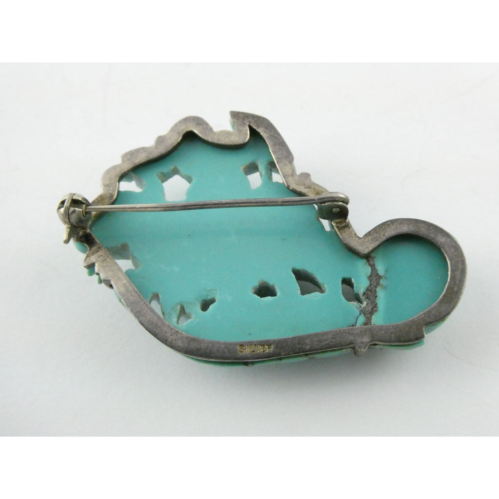 Antique Chinese Export Sterling Silver Carved Turquoise Brooch Pin Farmer on Ox