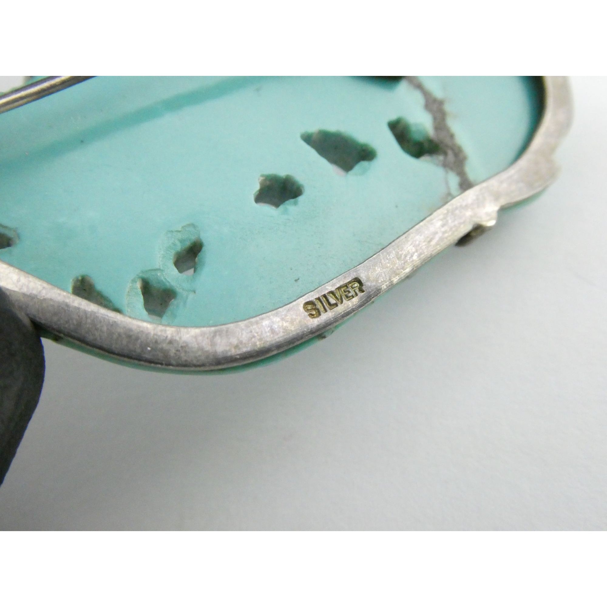 Antique Chinese Export Sterling Silver Carved Turquoise Brooch Pin Farmer on Ox