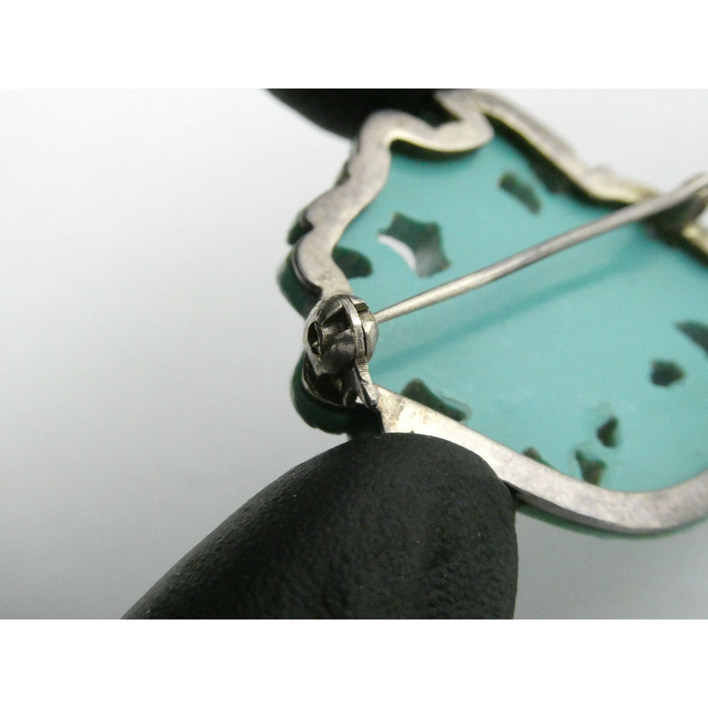 Antique Chinese Export Sterling Silver Carved Turquoise Brooch Pin Farmer on Ox