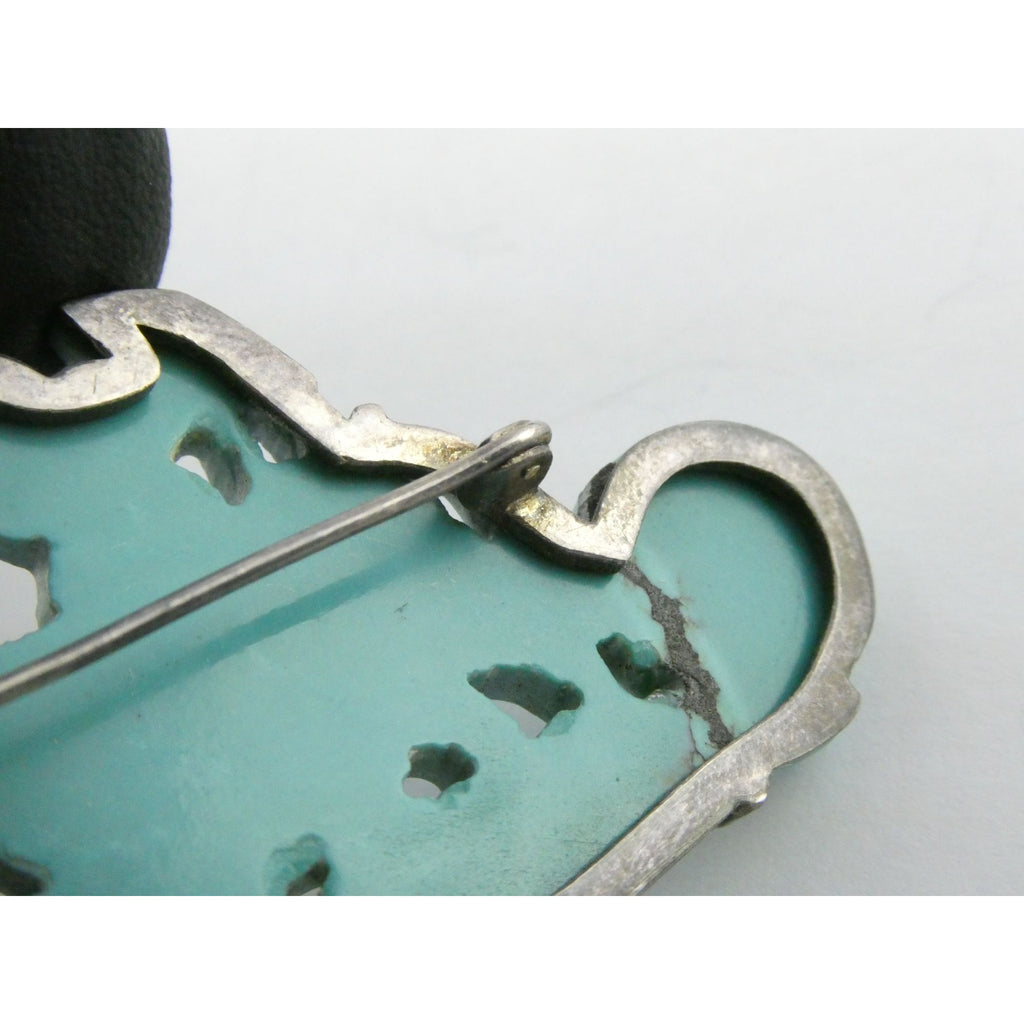 Antique Chinese Export Sterling Silver Carved Turquoise Brooch Pin Farmer on Ox