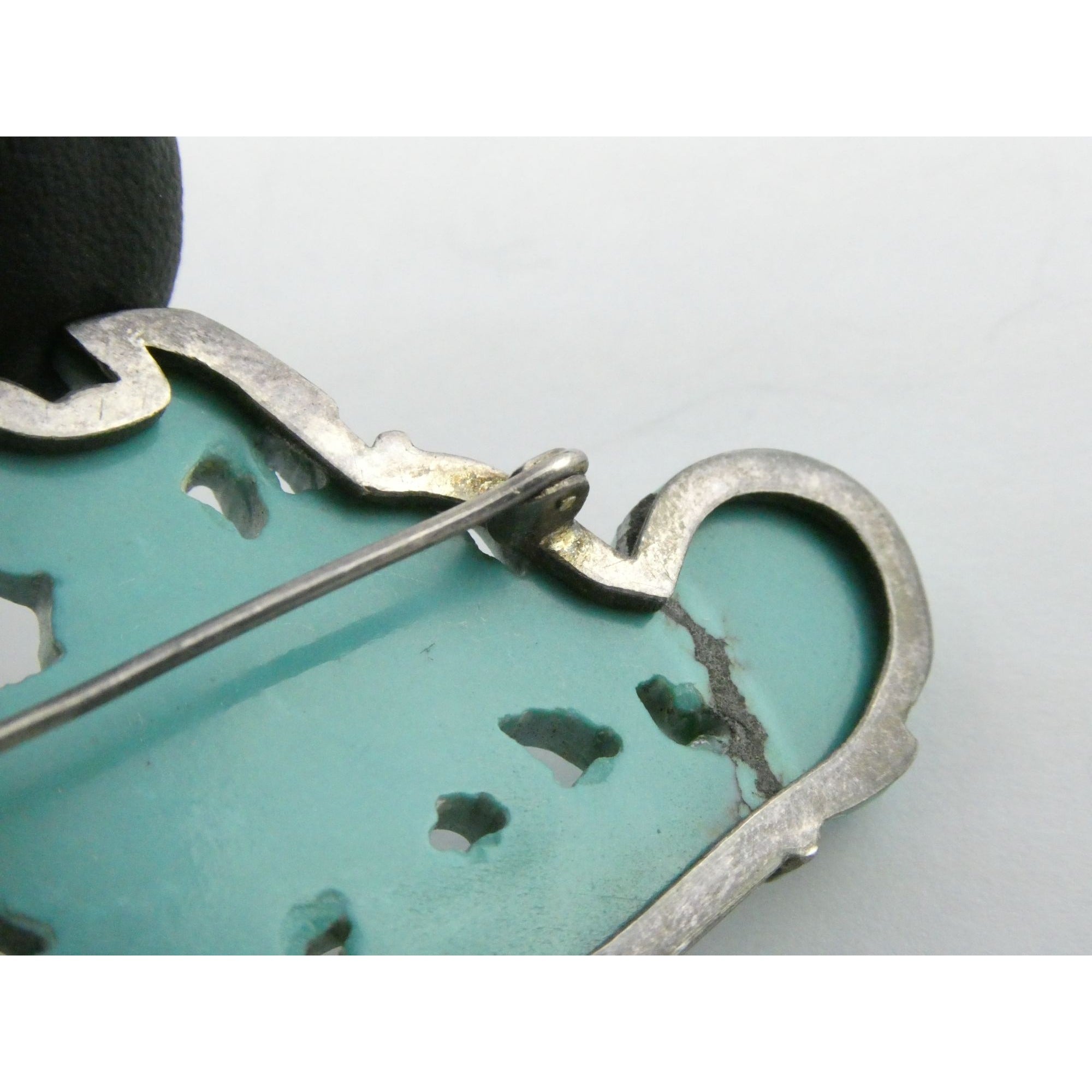 Antique Chinese Export Sterling Silver Carved Turquoise Brooch Pin Farmer on Ox
