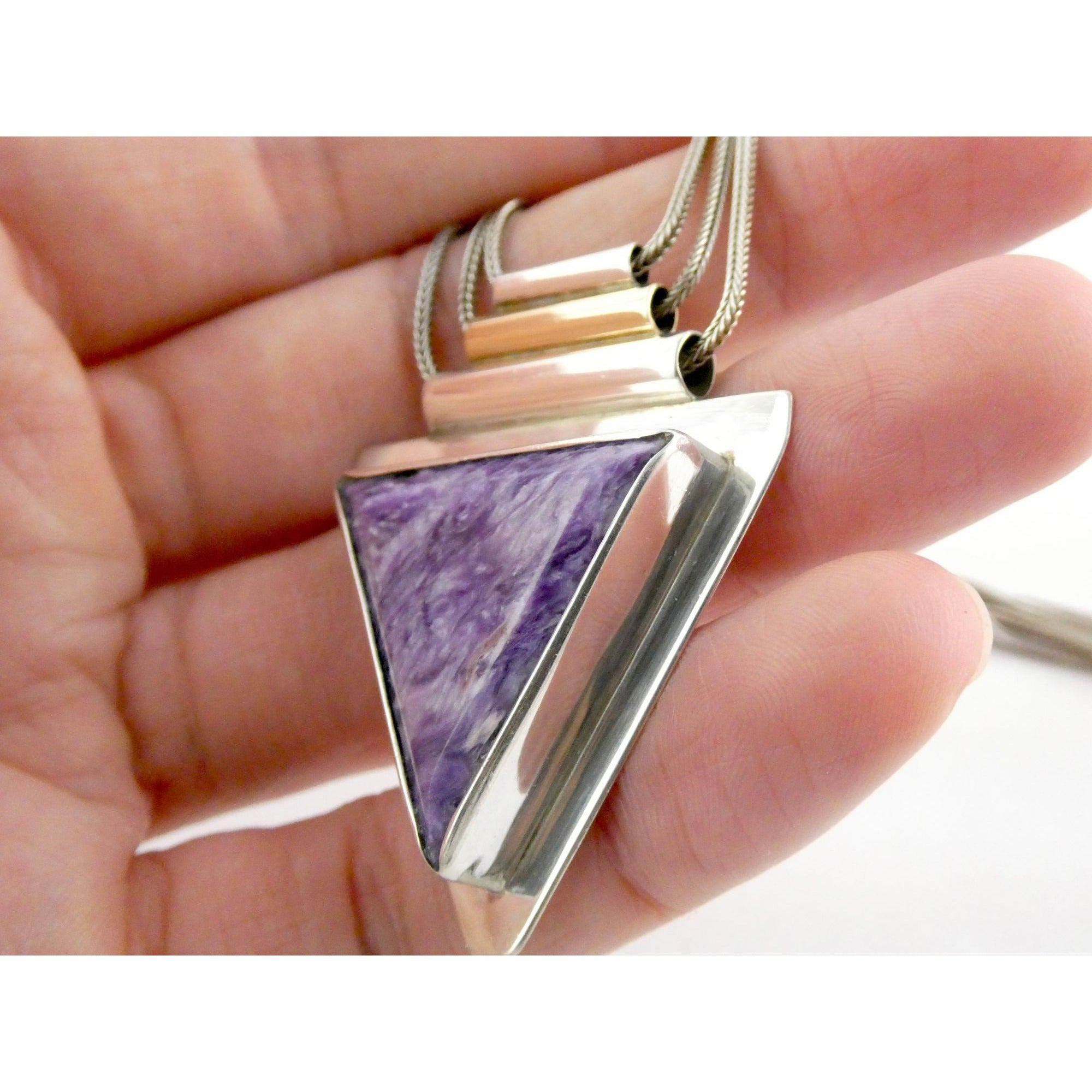 Artisan 1995 Sterling Silver 14k Gold Charoite Pendant Multi Strand Necklace 27g