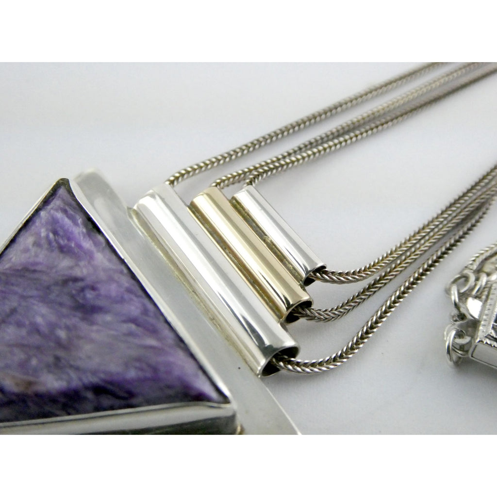 Artisan 1995 Sterling Silver 14k Gold Charoite Pendant Multi Strand Necklace 27g