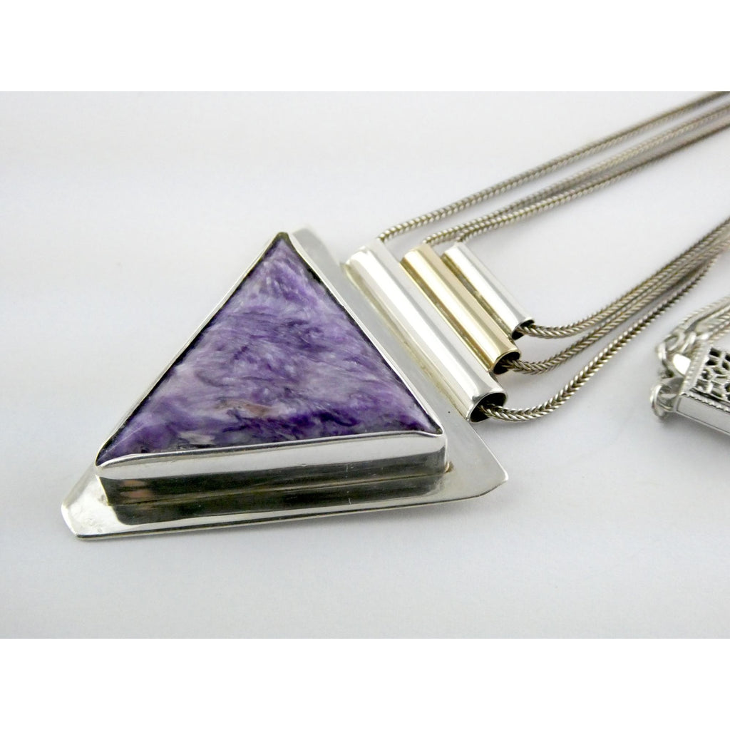 Artisan 1995 Sterling Silver 14k Gold Charoite Pendant Multi Strand Necklace 27g