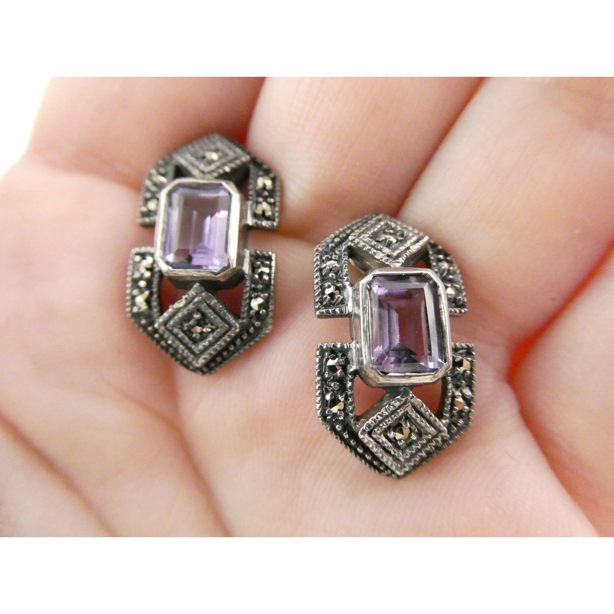 Vintage Sterling Silver Amethyst and Marcasite Geometric Stud Earrings 6g 22mm