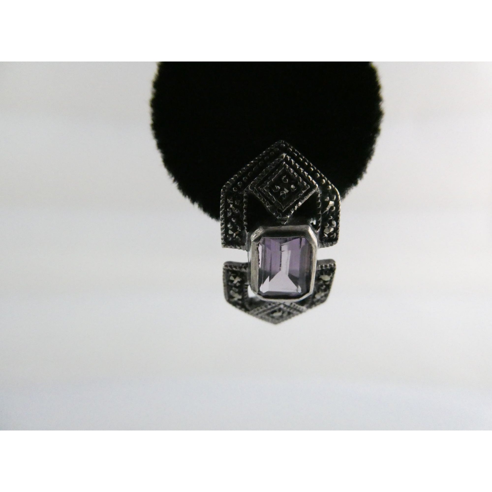Vintage Sterling Silver Amethyst and Marcasite Geometric Stud Earrings 6g 22mm