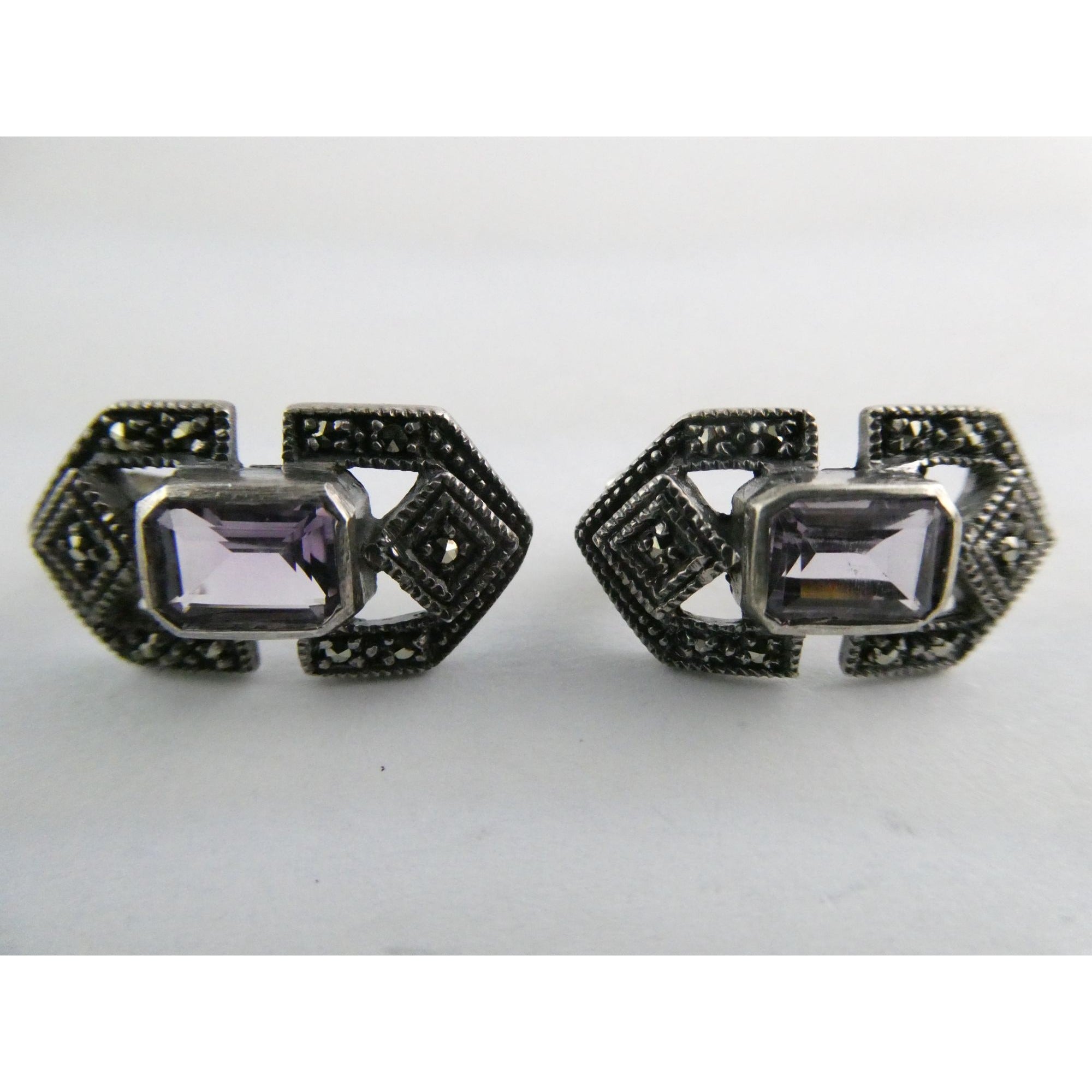 Vintage Sterling Silver Amethyst and Marcasite Geometric Stud Earrings 6g 22mm