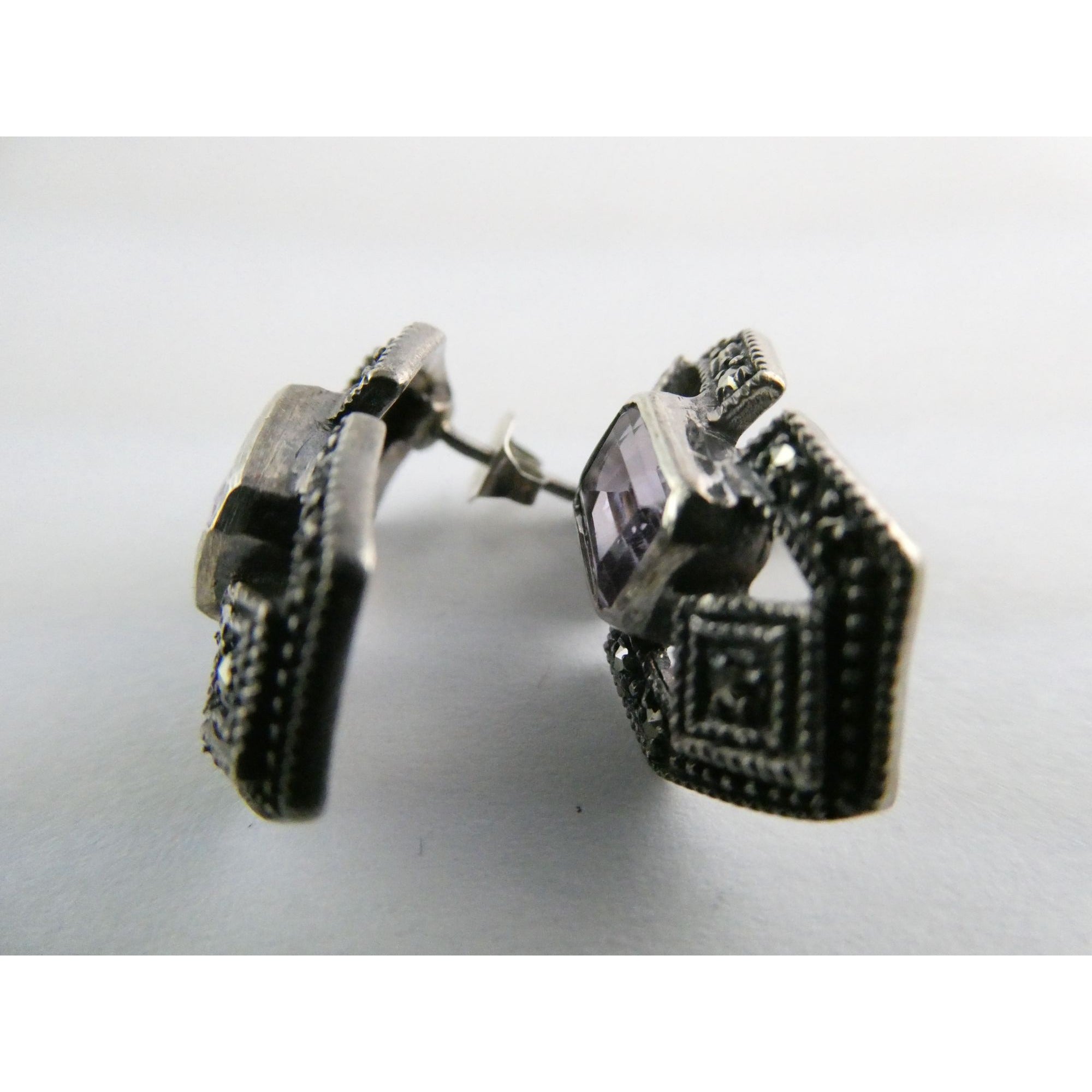 Vintage Sterling Silver Amethyst and Marcasite Geometric Stud Earrings 6g 22mm