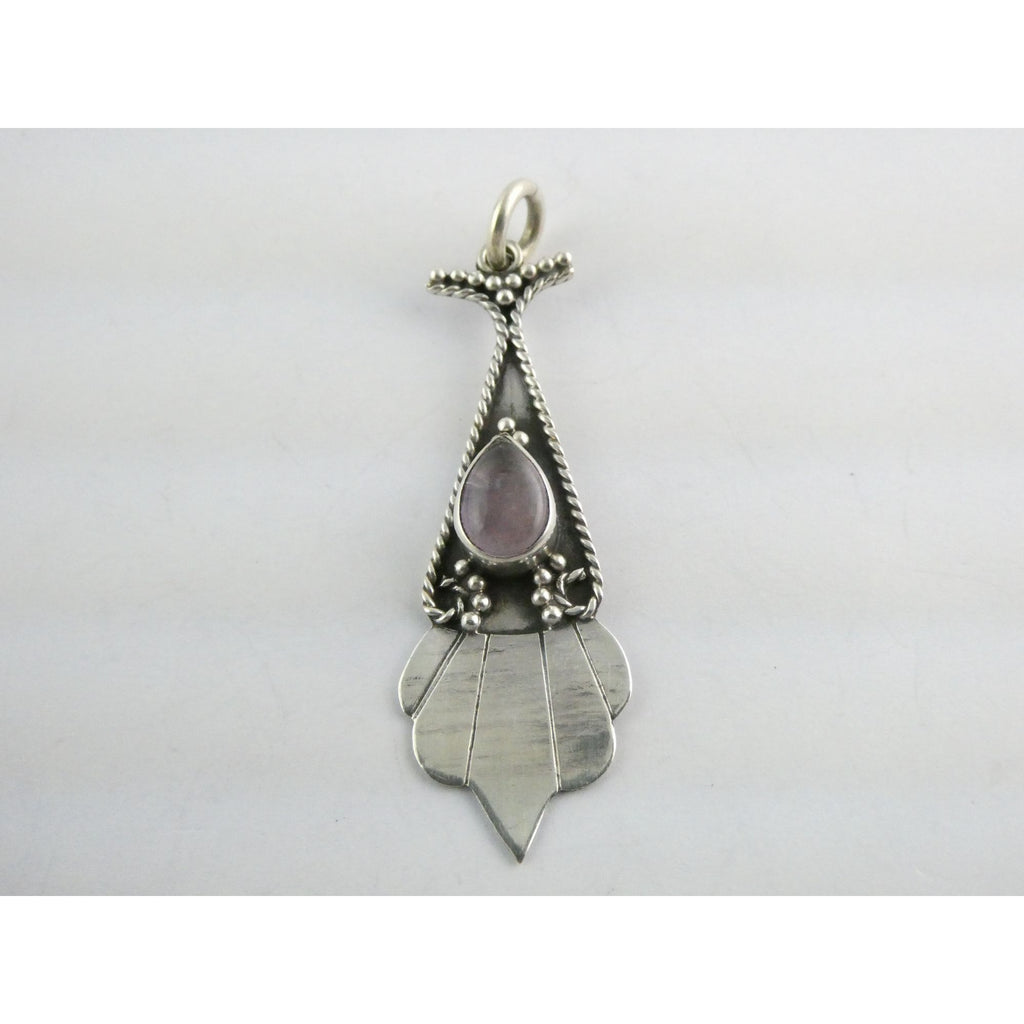 Vintage Sterling Silver Pale Amethyst Cabochon Long Pendant 4.9g 2.25 Inch Long