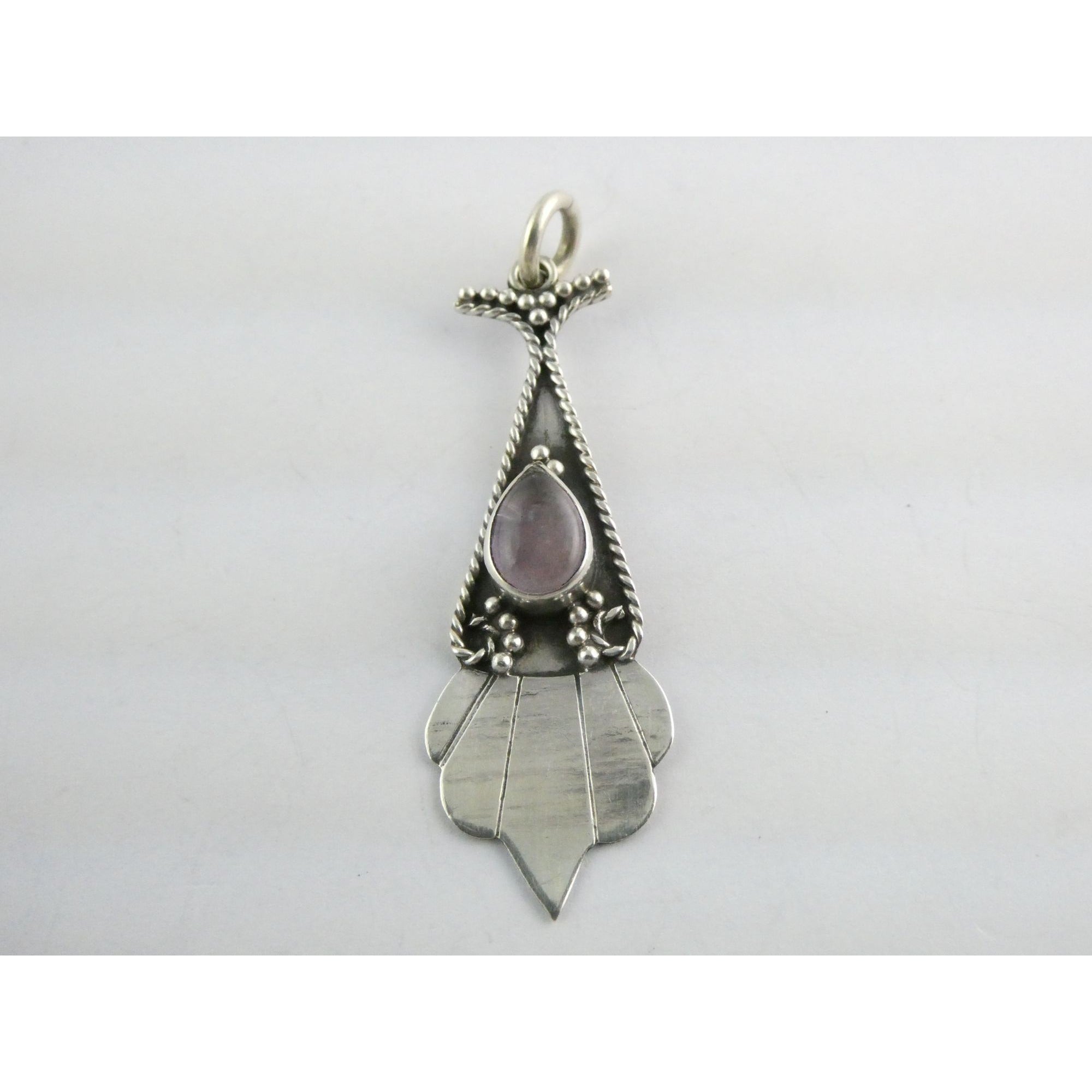 Vintage Sterling Silver Pale Amethyst Cabochon Long Pendant 4.9g 2.25 Inch Long