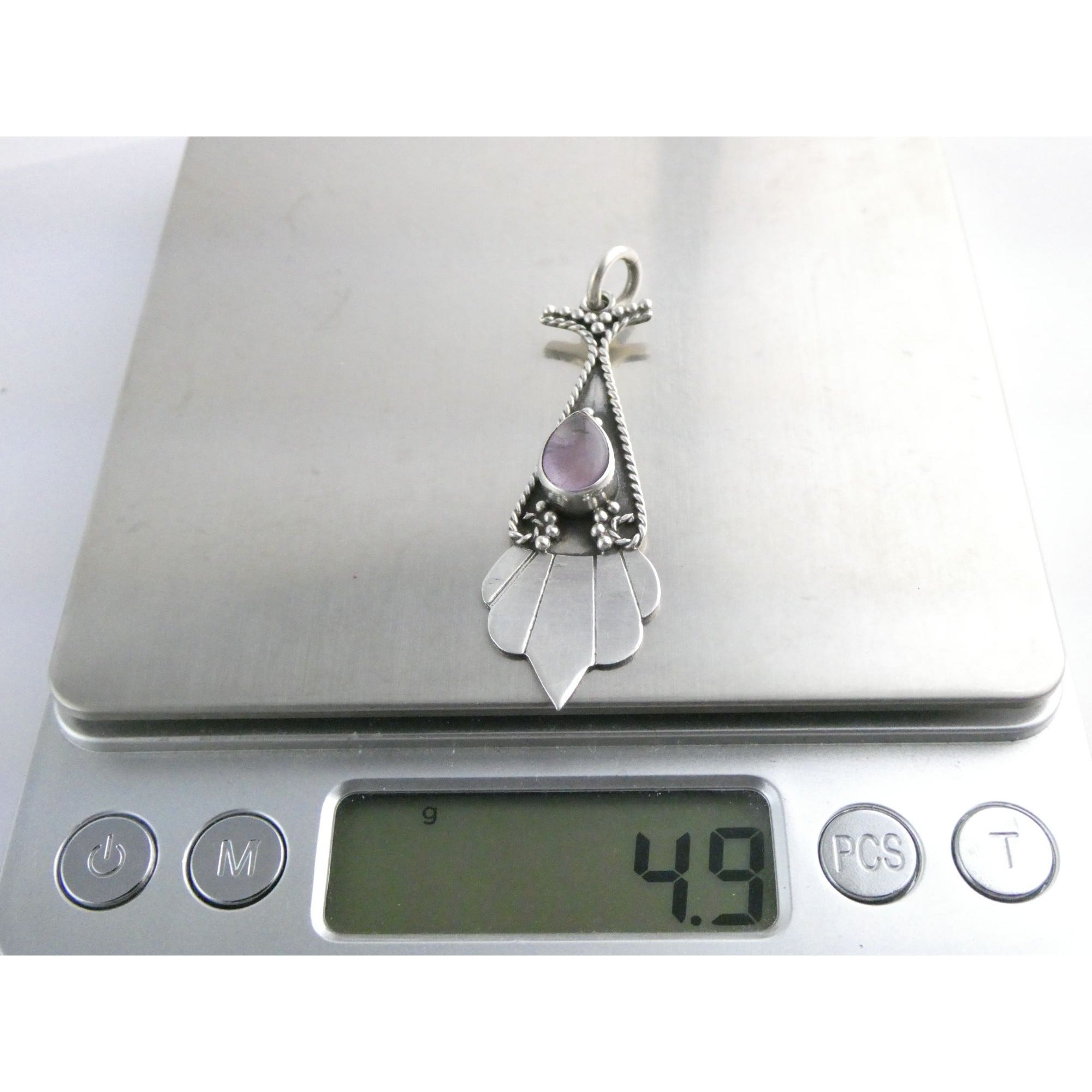 Vintage Sterling Silver Pale Amethyst Cabochon Long Pendant 4.9g 2.25 Inch Long