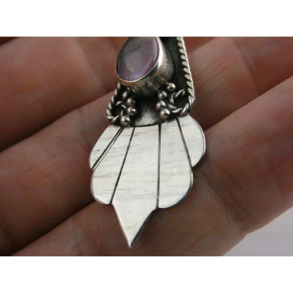 Vintage Sterling Silver Pale Amethyst Cabochon Long Pendant 4.9g 2.25 Inch Long
