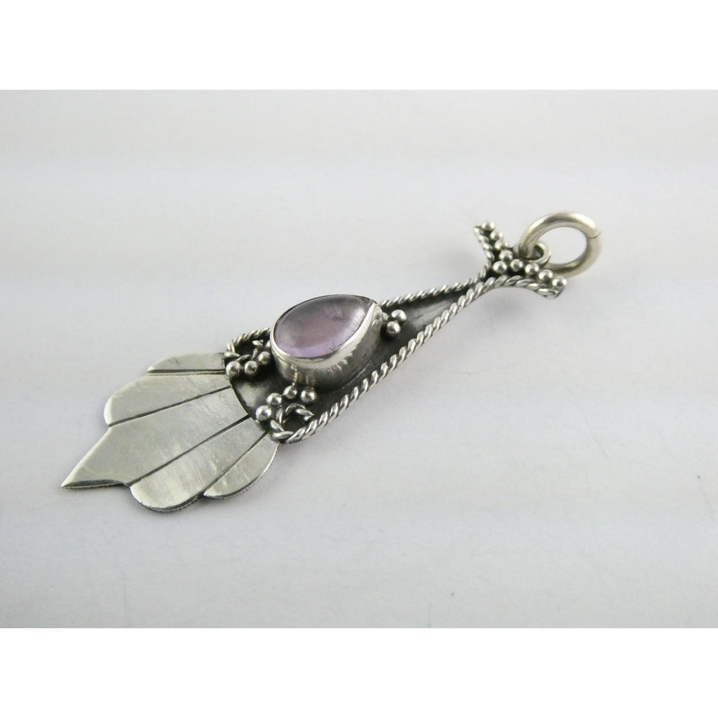 Vintage Sterling Silver Pale Amethyst Cabochon Long Pendant 4.9g 2.25 Inch Long
