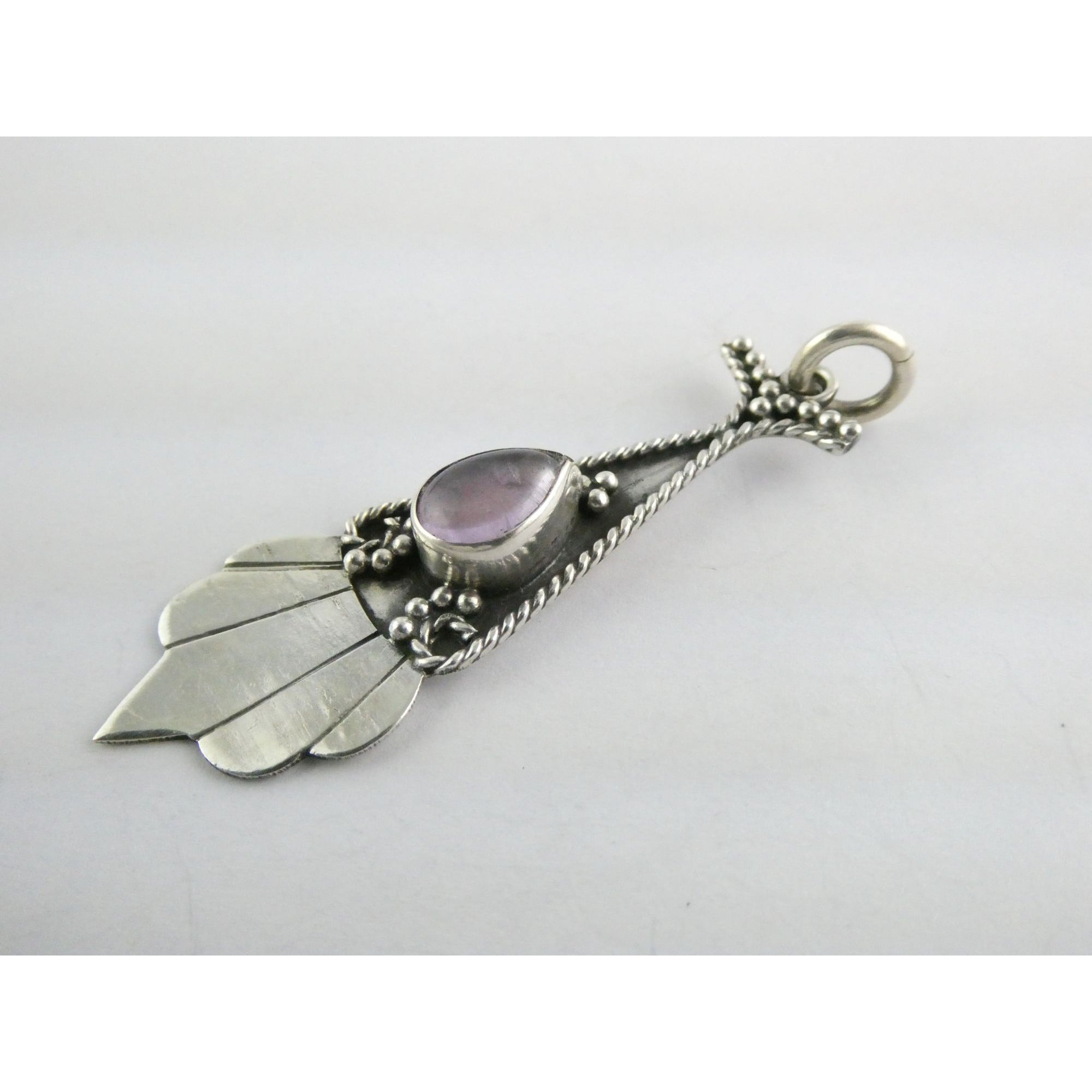 Vintage Sterling Silver Pale Amethyst Cabochon Long Pendant 4.9g 2.25 Inch Long