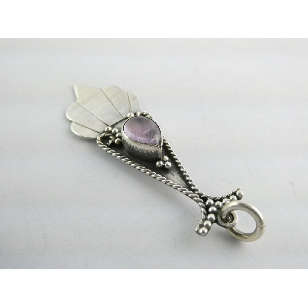 Vintage Sterling Silver Pale Amethyst Cabochon Long Pendant 4.9g 2.25 Inch Long