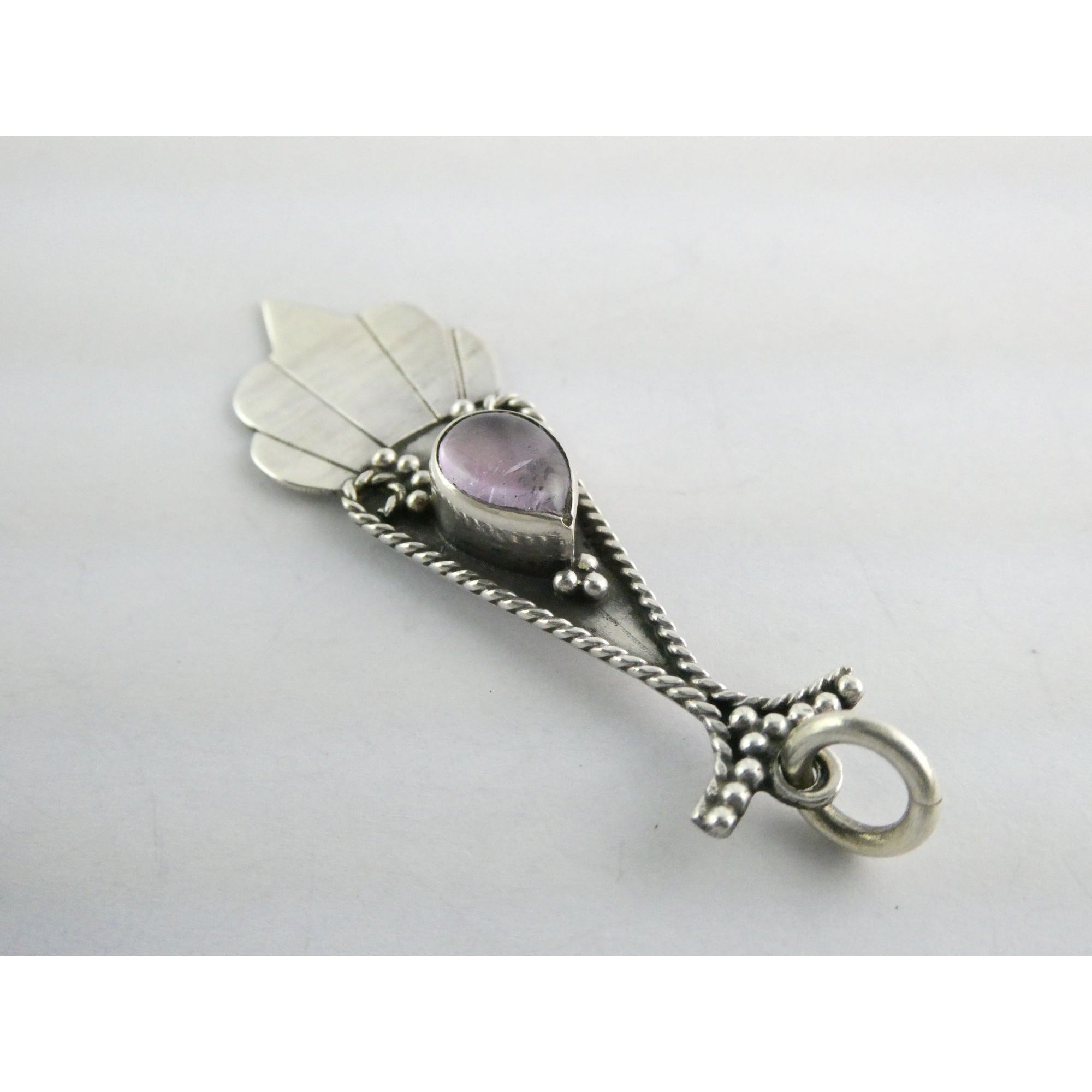Vintage Sterling Silver Pale Amethyst Cabochon Long Pendant 4.9g 2.25 Inch Long