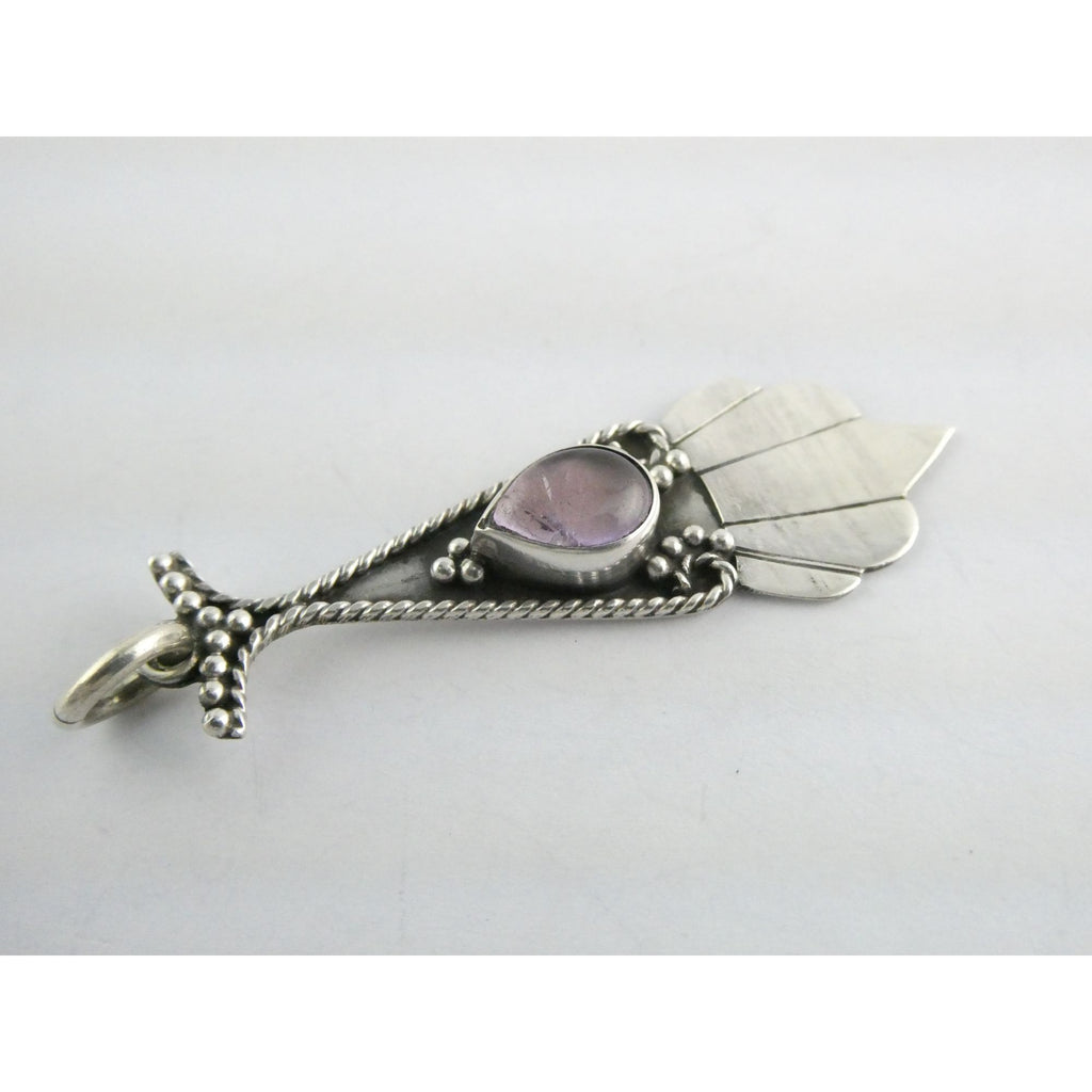 Vintage Sterling Silver Pale Amethyst Cabochon Long Pendant 4.9g 2.25 Inch Long