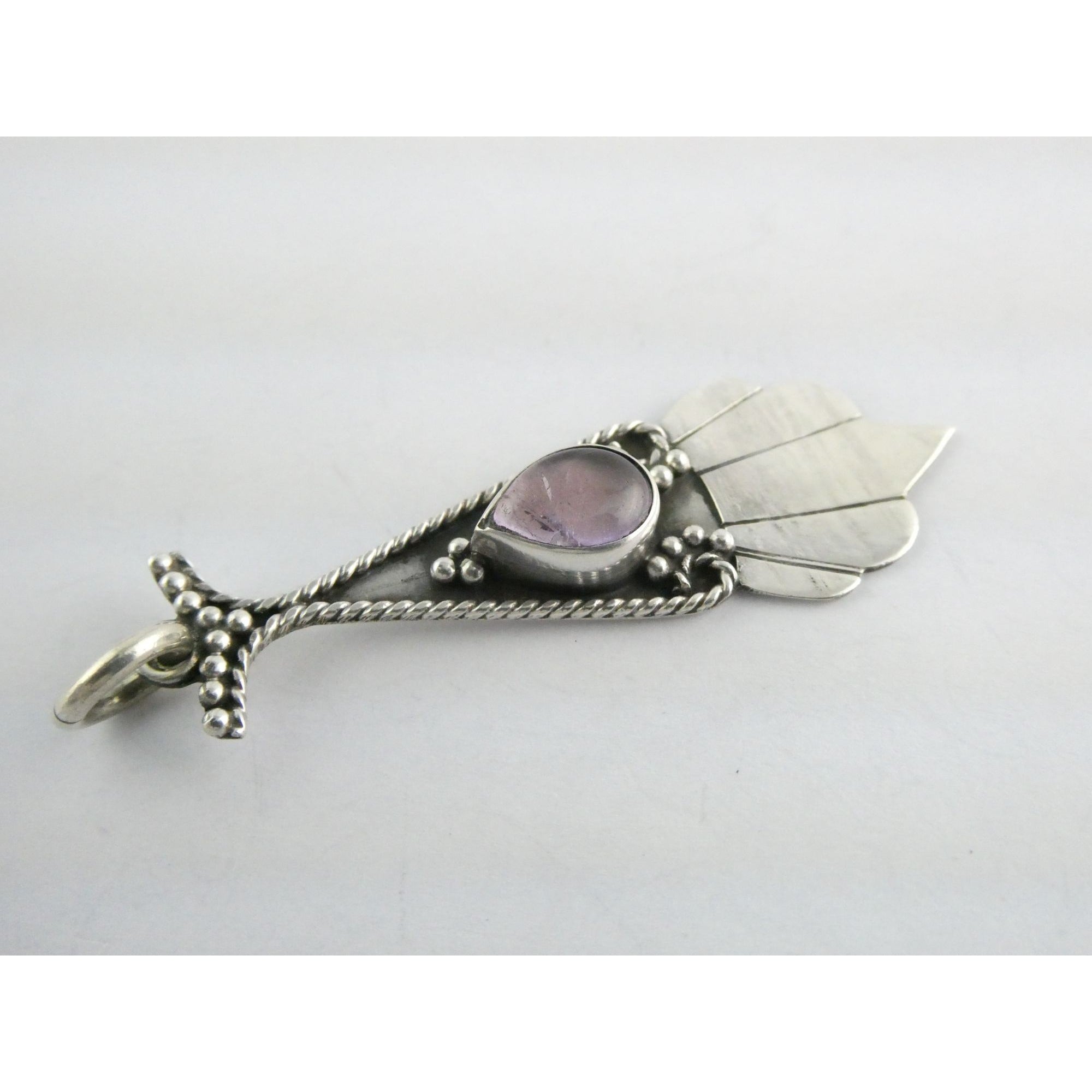 Vintage Sterling Silver Pale Amethyst Cabochon Long Pendant 4.9g 2.25 Inch Long