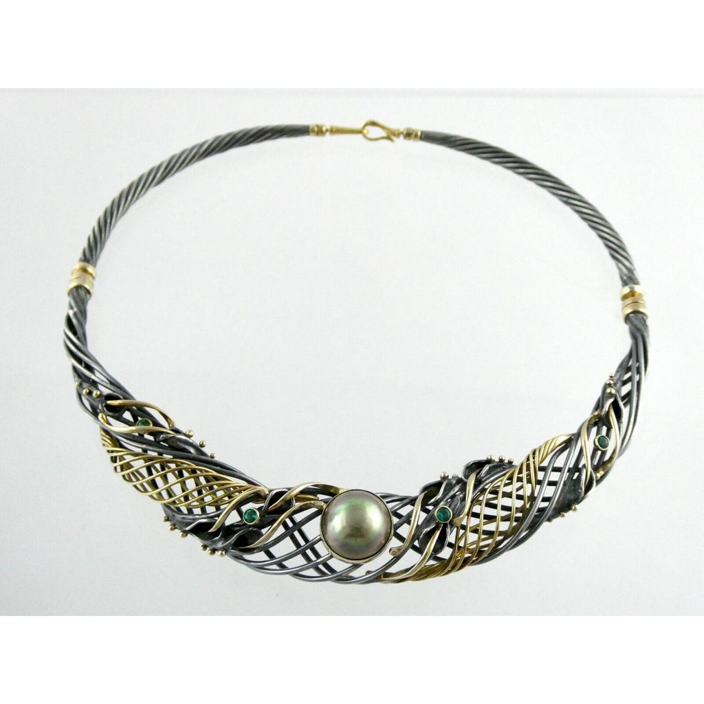 Marius Winograd 18k Gold and Sterling Silver Mabe Pearl Emerald Necklace 17 Inch