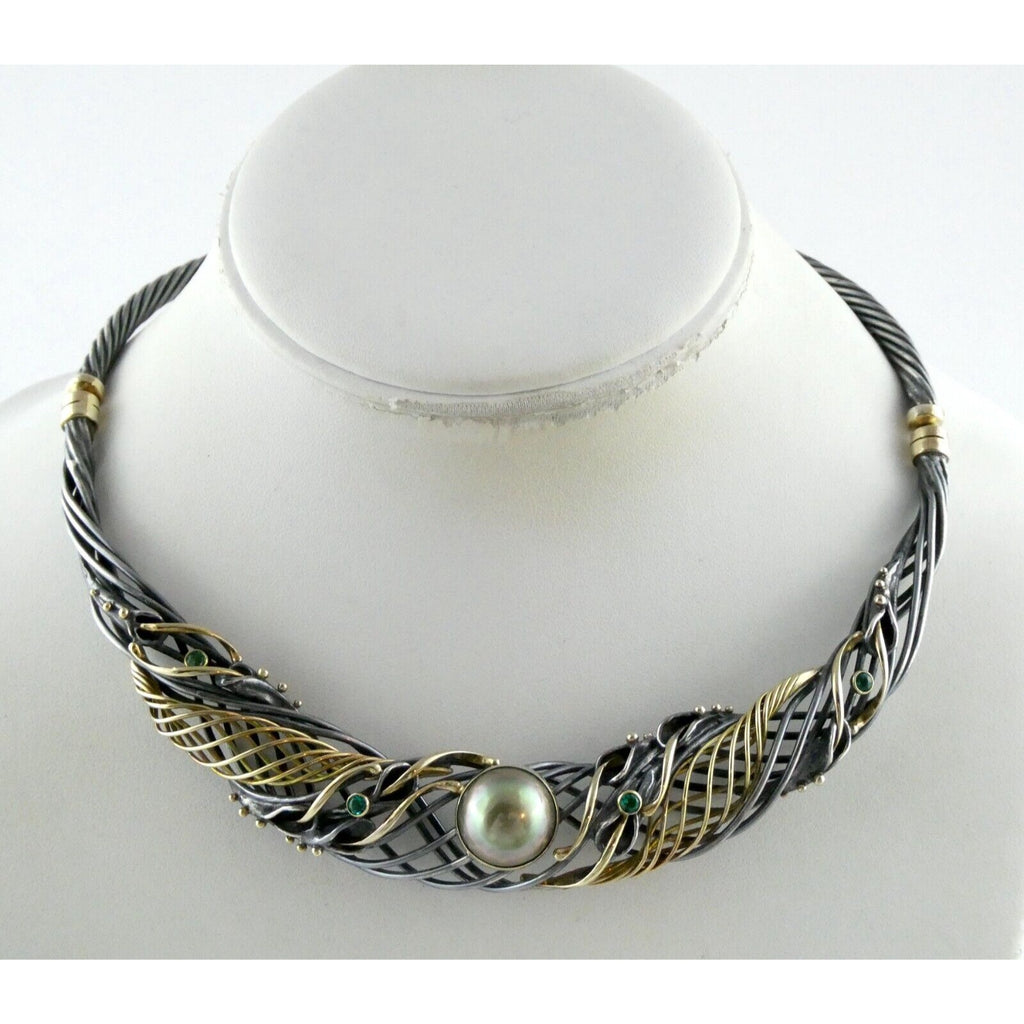 Marius Winograd 18k Gold and Sterling Silver Mabe Pearl Emerald Necklace 17 Inch