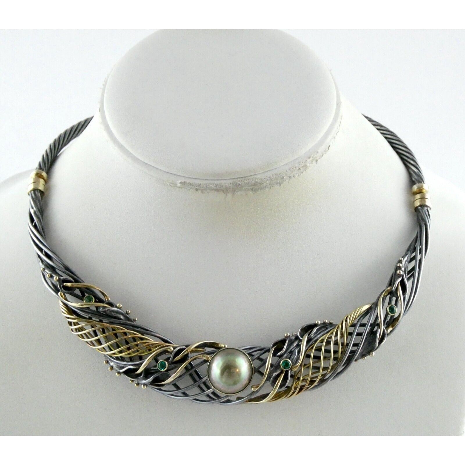 Marius Winograd 18k Gold and Sterling Silver Mabe Pearl Emerald Necklace 17 Inch