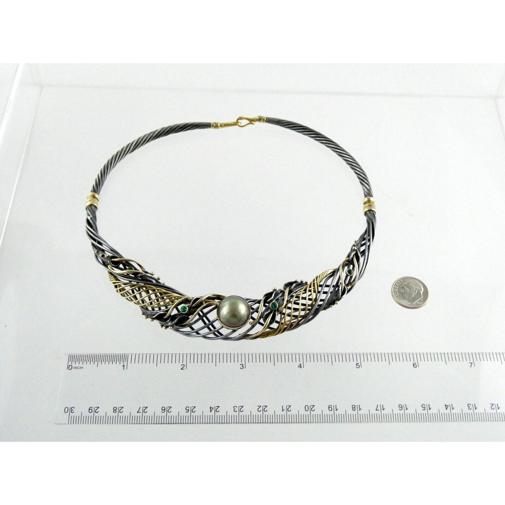 Marius Winograd 18k Gold and Sterling Silver Mabe Pearl Emerald Necklace 17 Inch