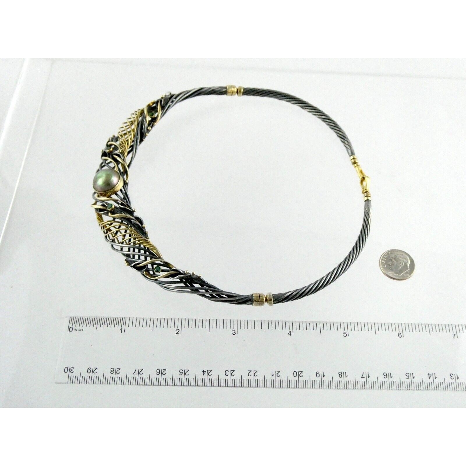 Marius Winograd 18k Gold and Sterling Silver Mabe Pearl Emerald Necklace 17 Inch