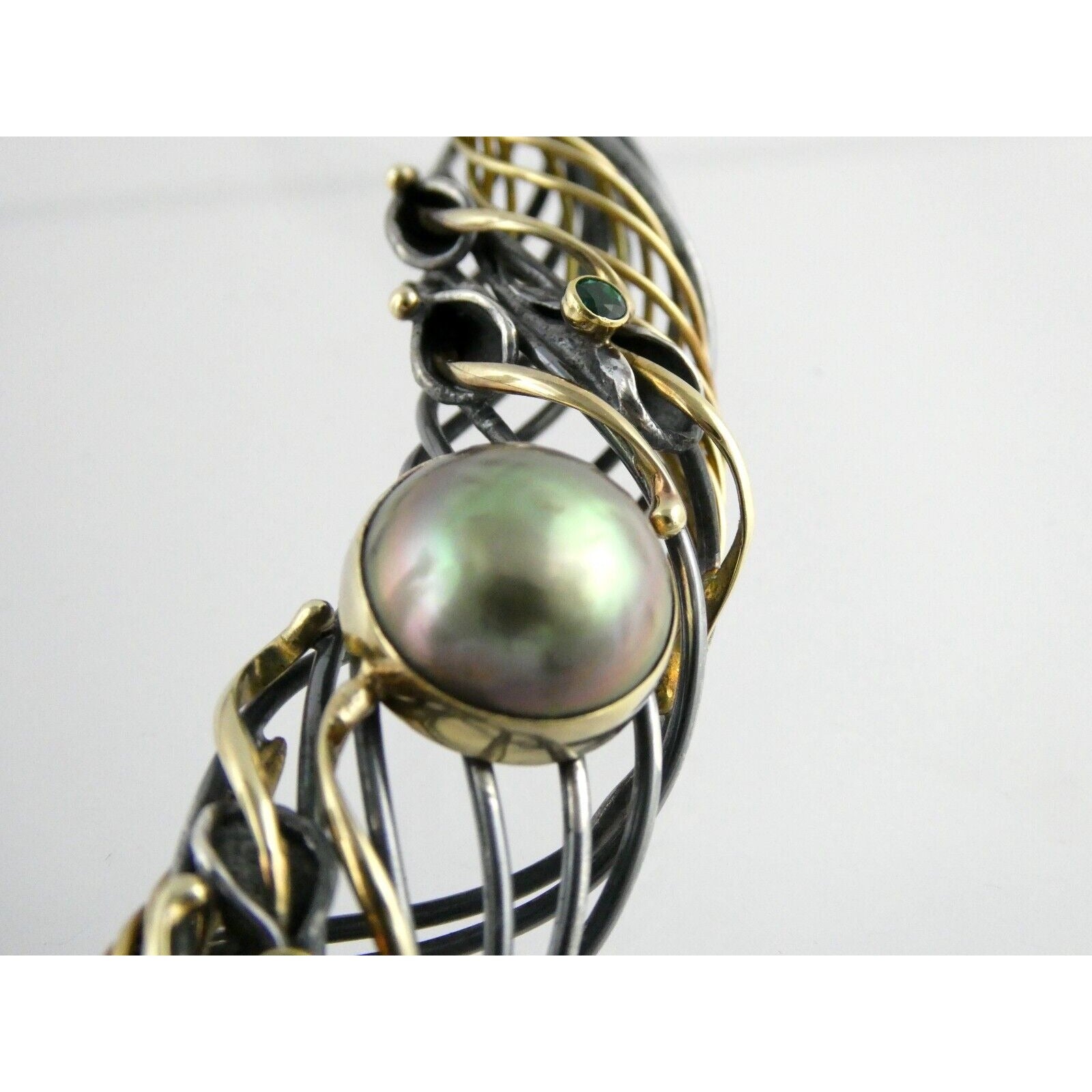 Marius Winograd 18k Gold and Sterling Silver Mabe Pearl Emerald Necklace 17 Inch