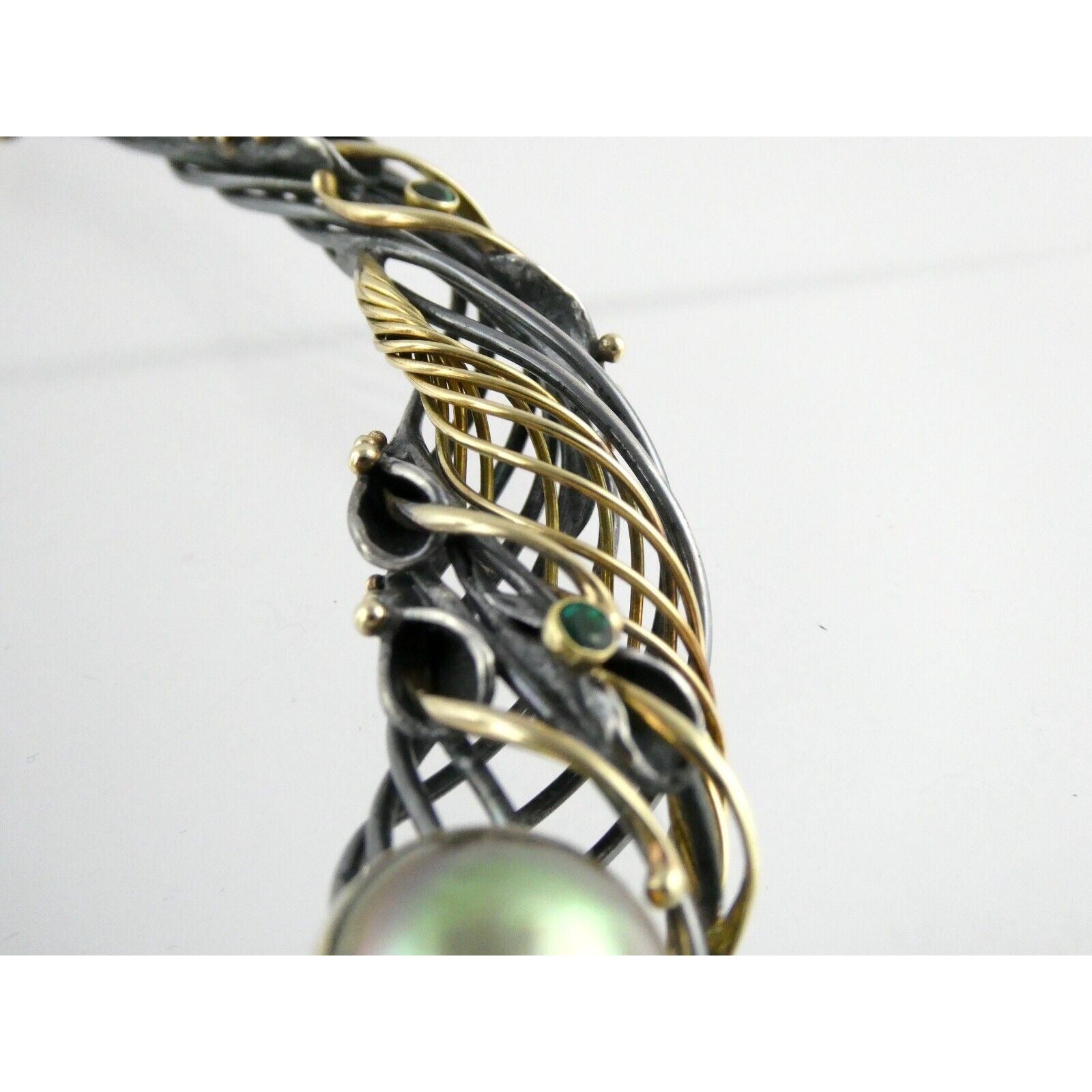 Marius Winograd 18k Gold and Sterling Silver Mabe Pearl Emerald Necklace 17 Inch