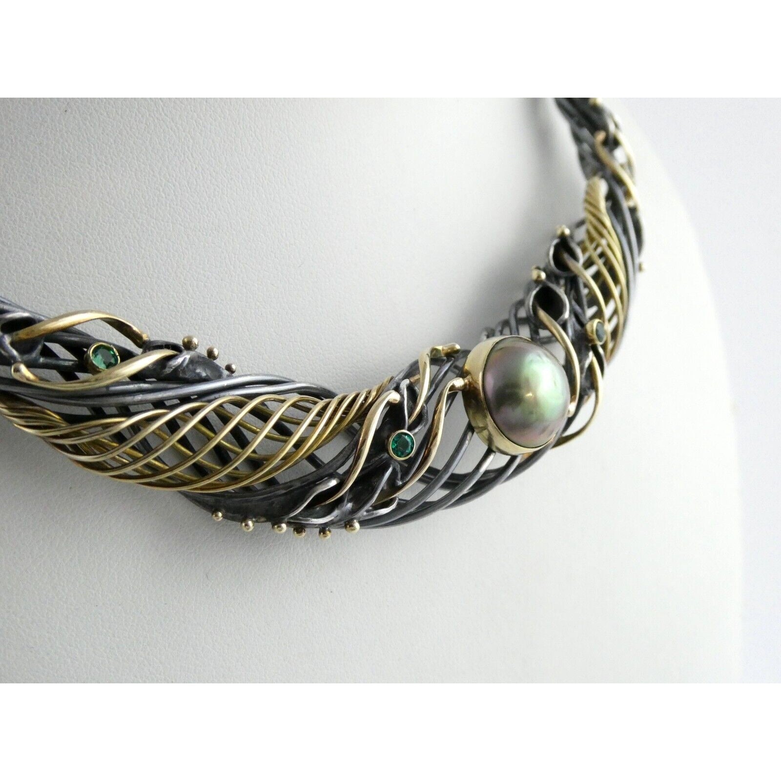 Marius Winograd 18k Gold and Sterling Silver Mabe Pearl Emerald Necklace 17 Inch