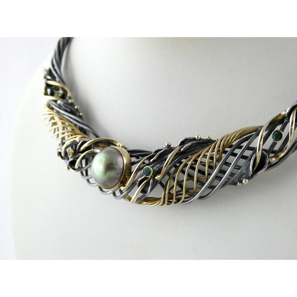Marius Winograd 18k Gold and Sterling Silver Mabe Pearl Emerald Necklace 17 Inch