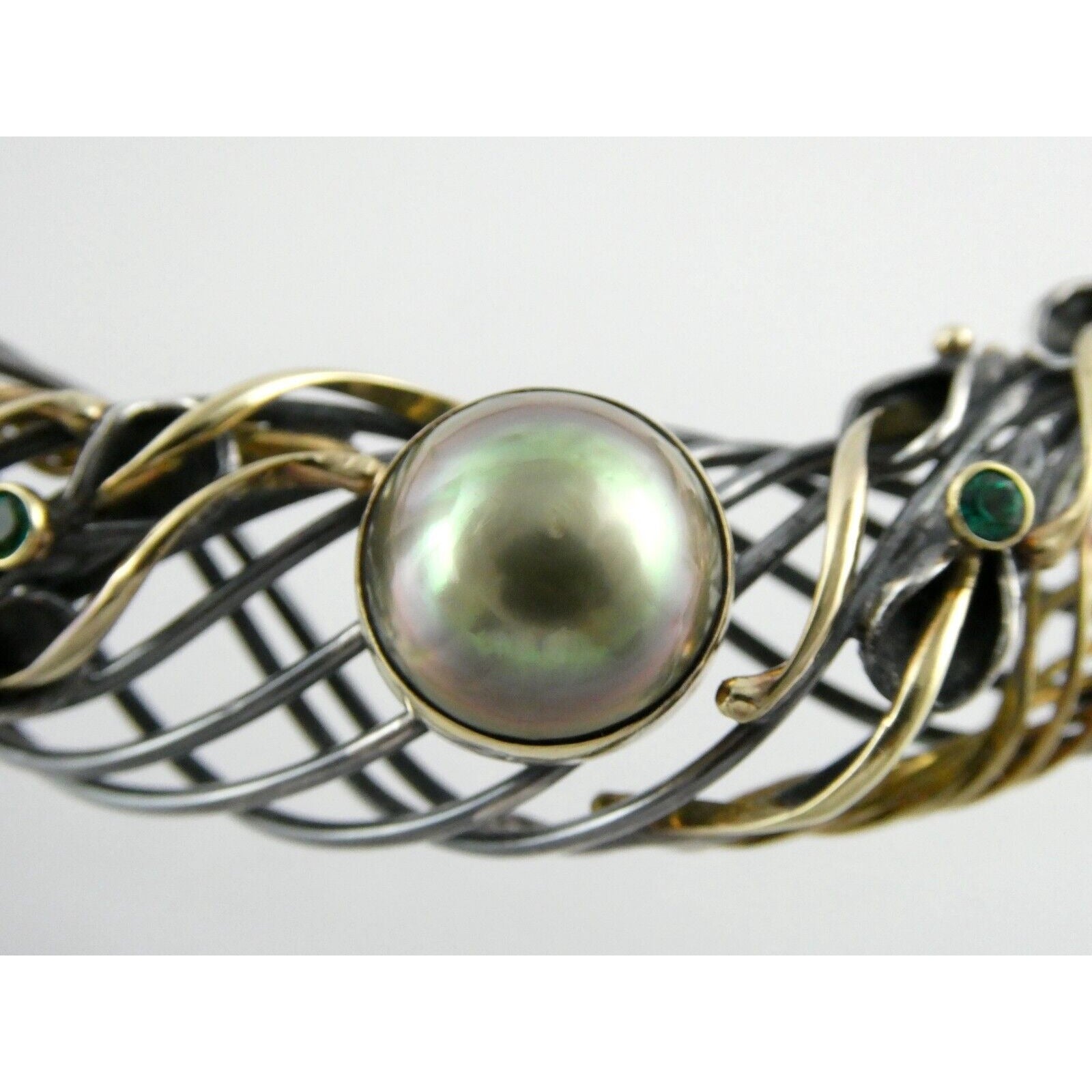 Marius Winograd 18k Gold and Sterling Silver Mabe Pearl Emerald Necklace 17 Inch