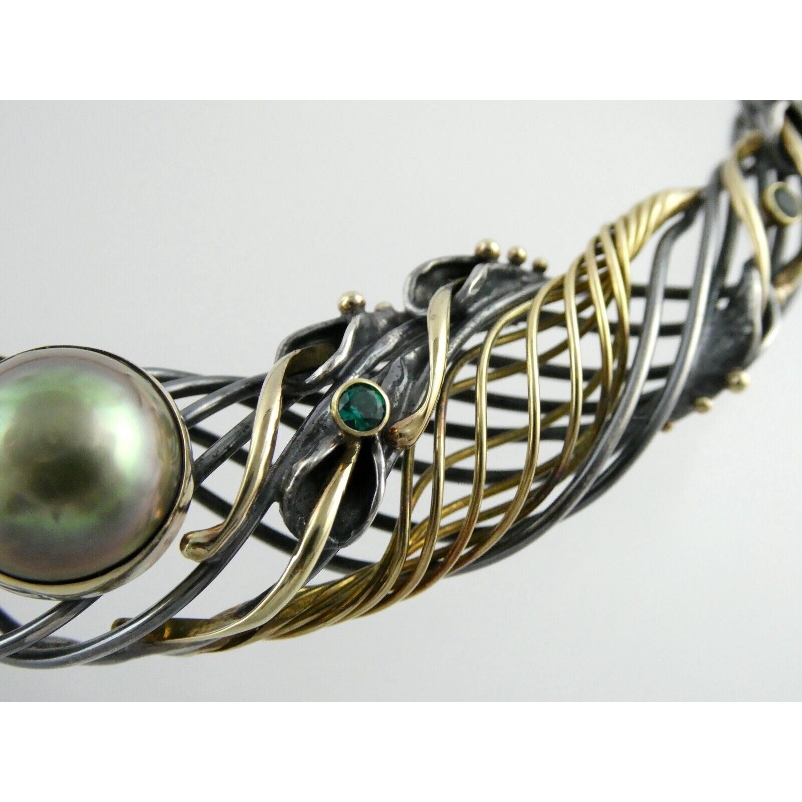 Marius Winograd 18k Gold and Sterling Silver Mabe Pearl Emerald Necklace 17 Inch