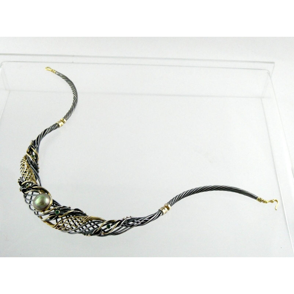 Marius Winograd 18k Gold and Sterling Silver Mabe Pearl Emerald Necklace 17 Inch