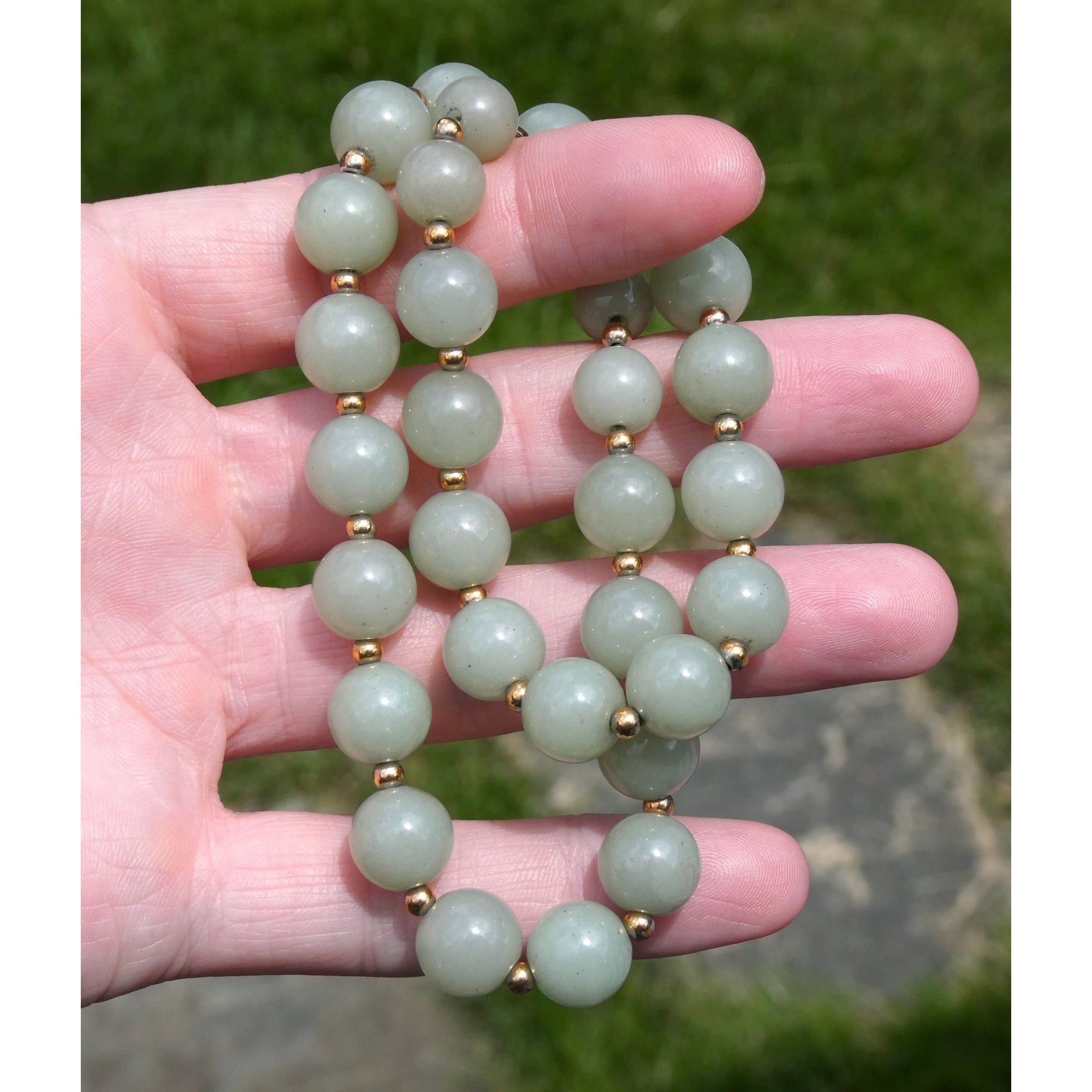 Chinese Export Gilt Sterling Silver Pale Green Jade Beaded Necklace 16 Inch 11mm