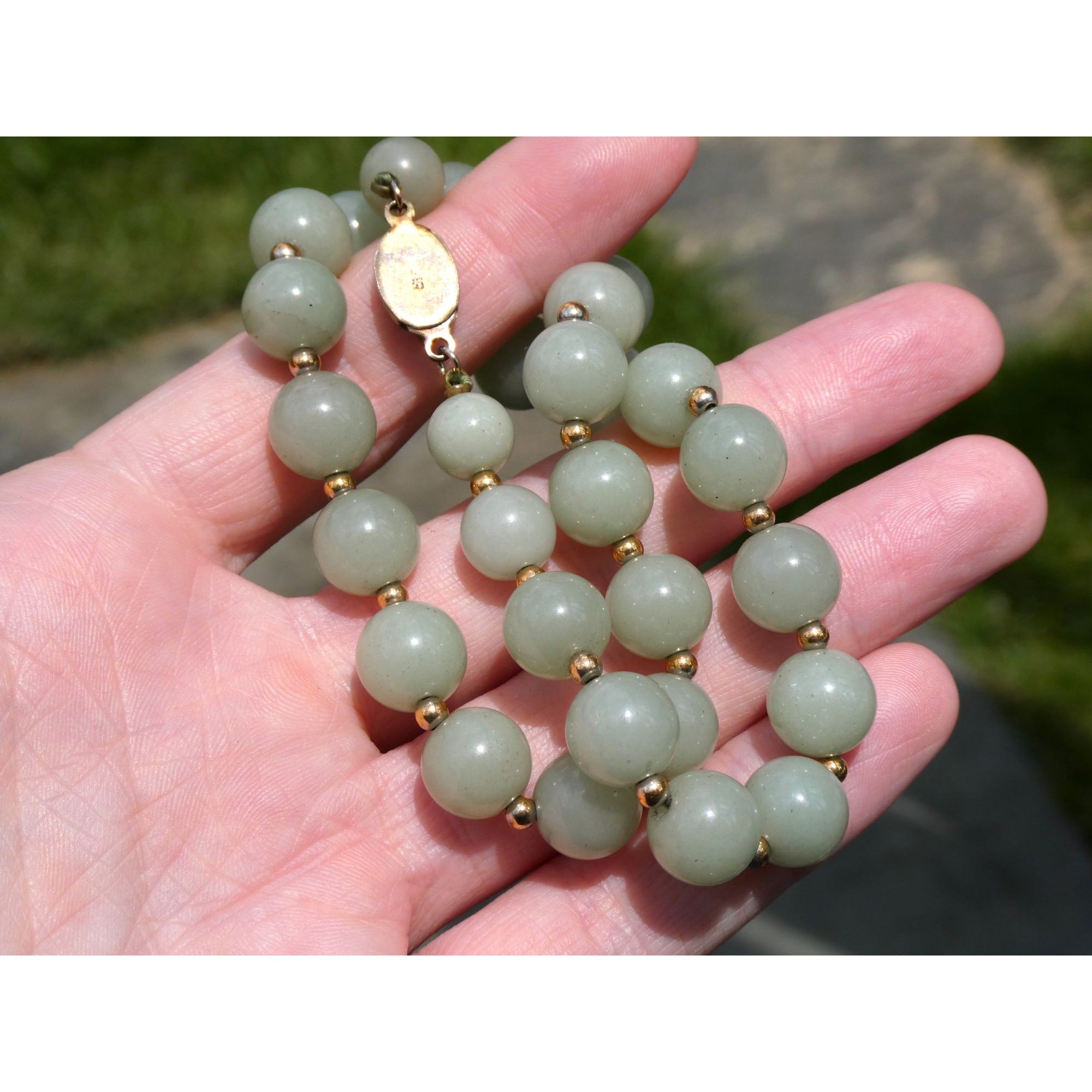 Chinese Export Gilt Sterling Silver Pale Green Jade Beaded Necklace 16 Inch 11mm