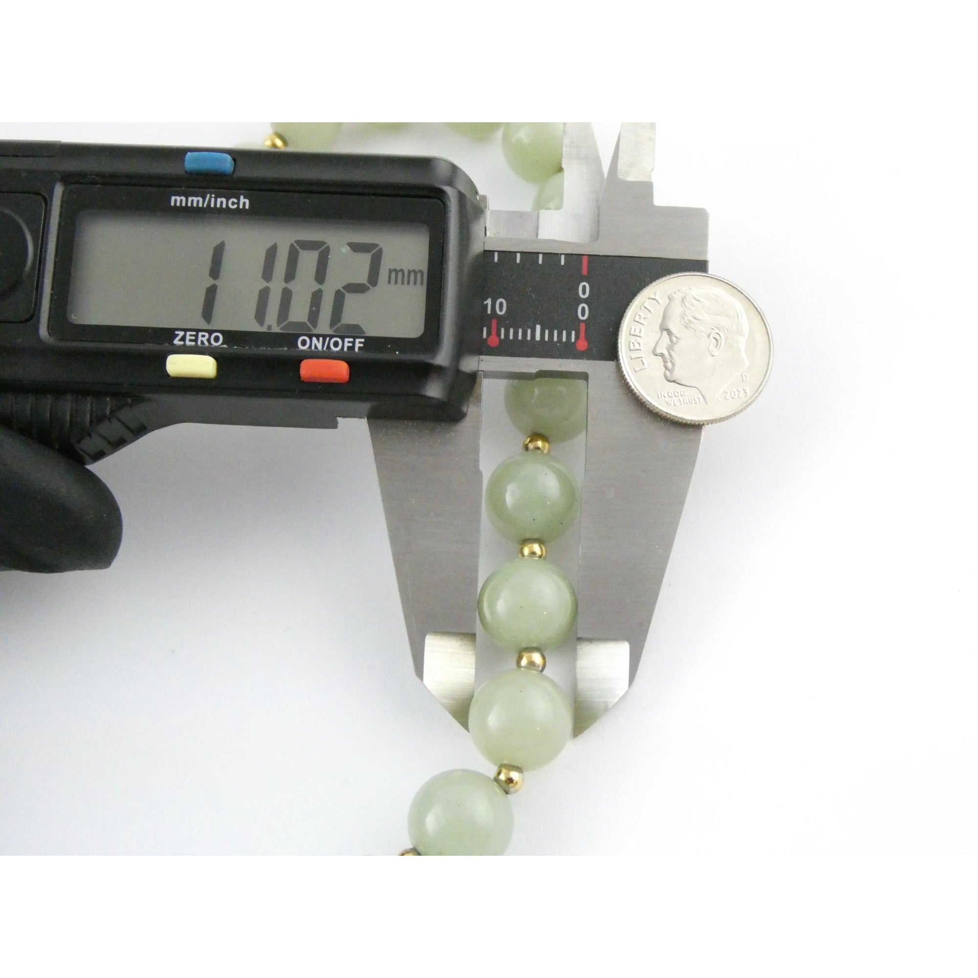 Chinese Export Gilt Sterling Silver Pale Green Jade Beaded Necklace 16 Inch 11mm