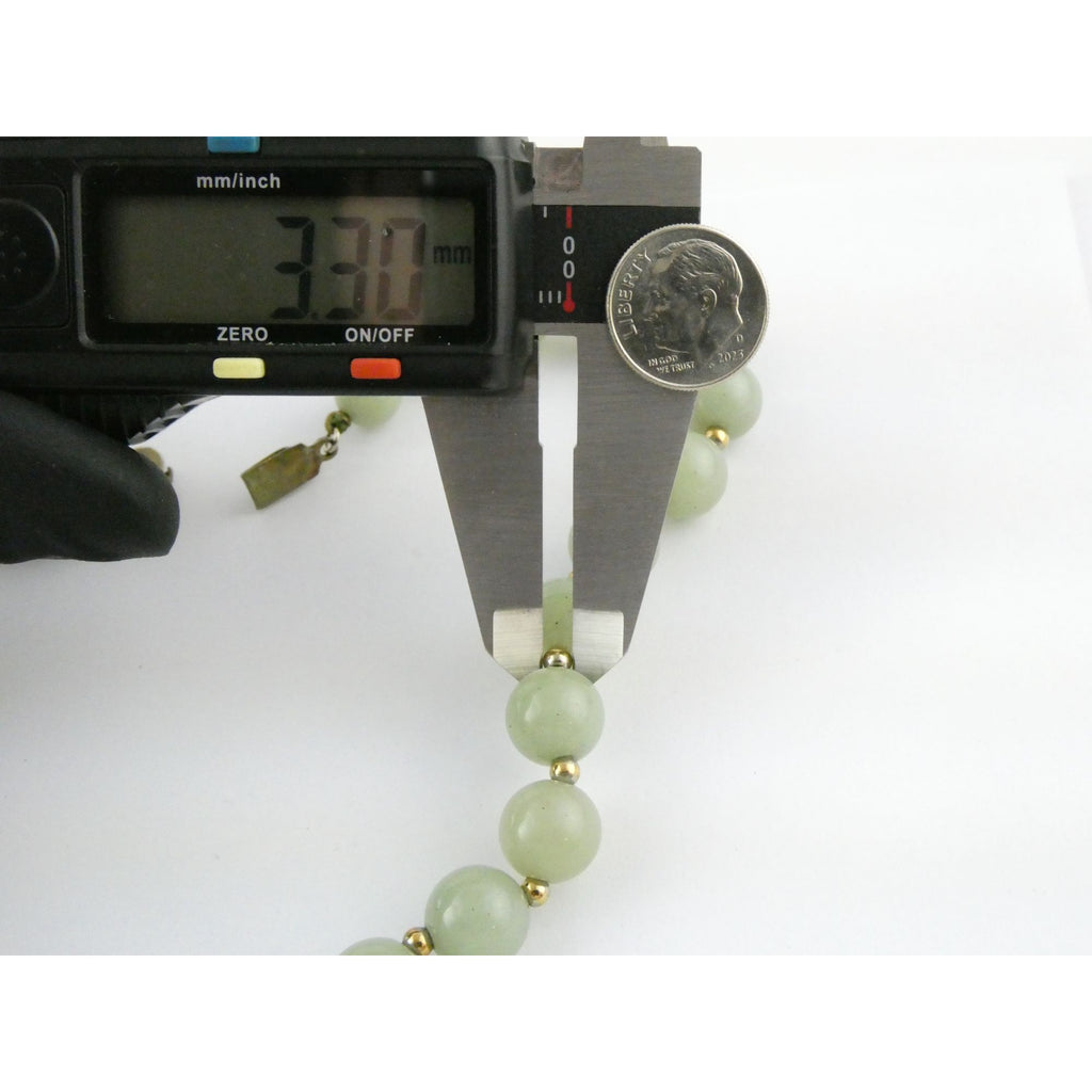 Chinese Export Gilt Sterling Silver Pale Green Jade Beaded Necklace 16 Inch 11mm