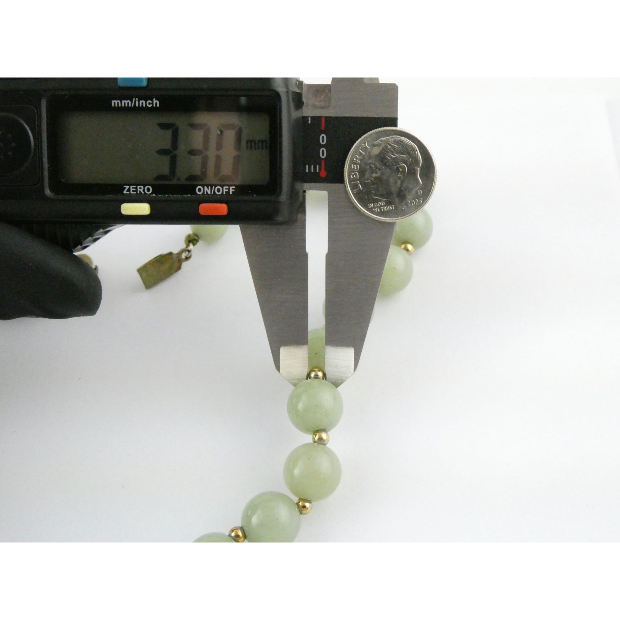 Chinese Export Gilt Sterling Silver Pale Green Jade Beaded Necklace 16 Inch 11mm