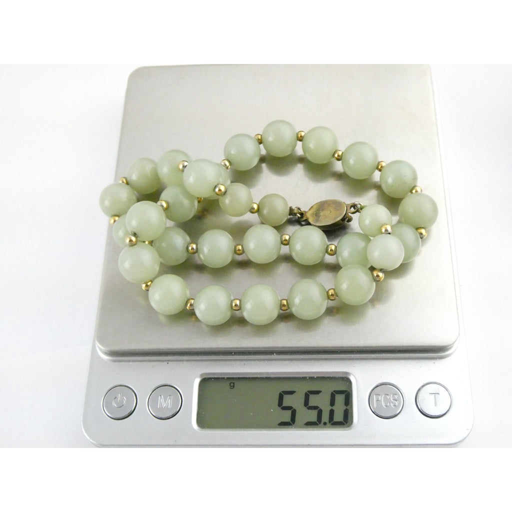 Chinese Export Gilt Sterling Silver Pale Green Jade Beaded Necklace 16 Inch 11mm