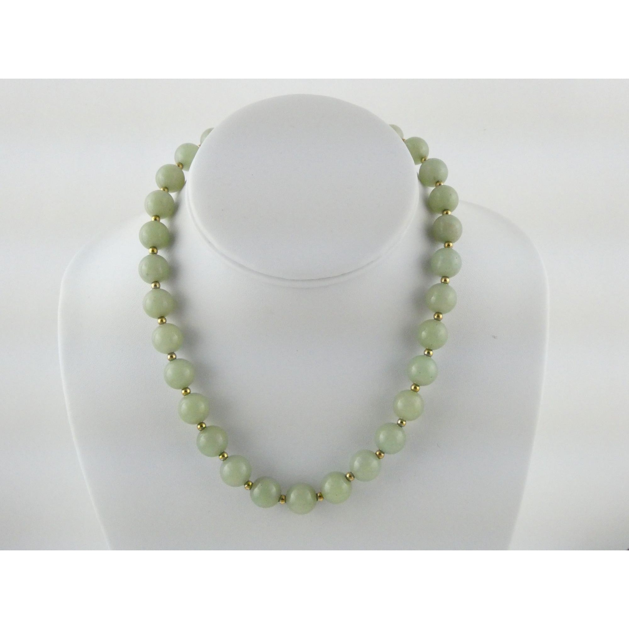 Chinese Export Gilt Sterling Silver Pale Green Jade Beaded Necklace 16 Inch 11mm