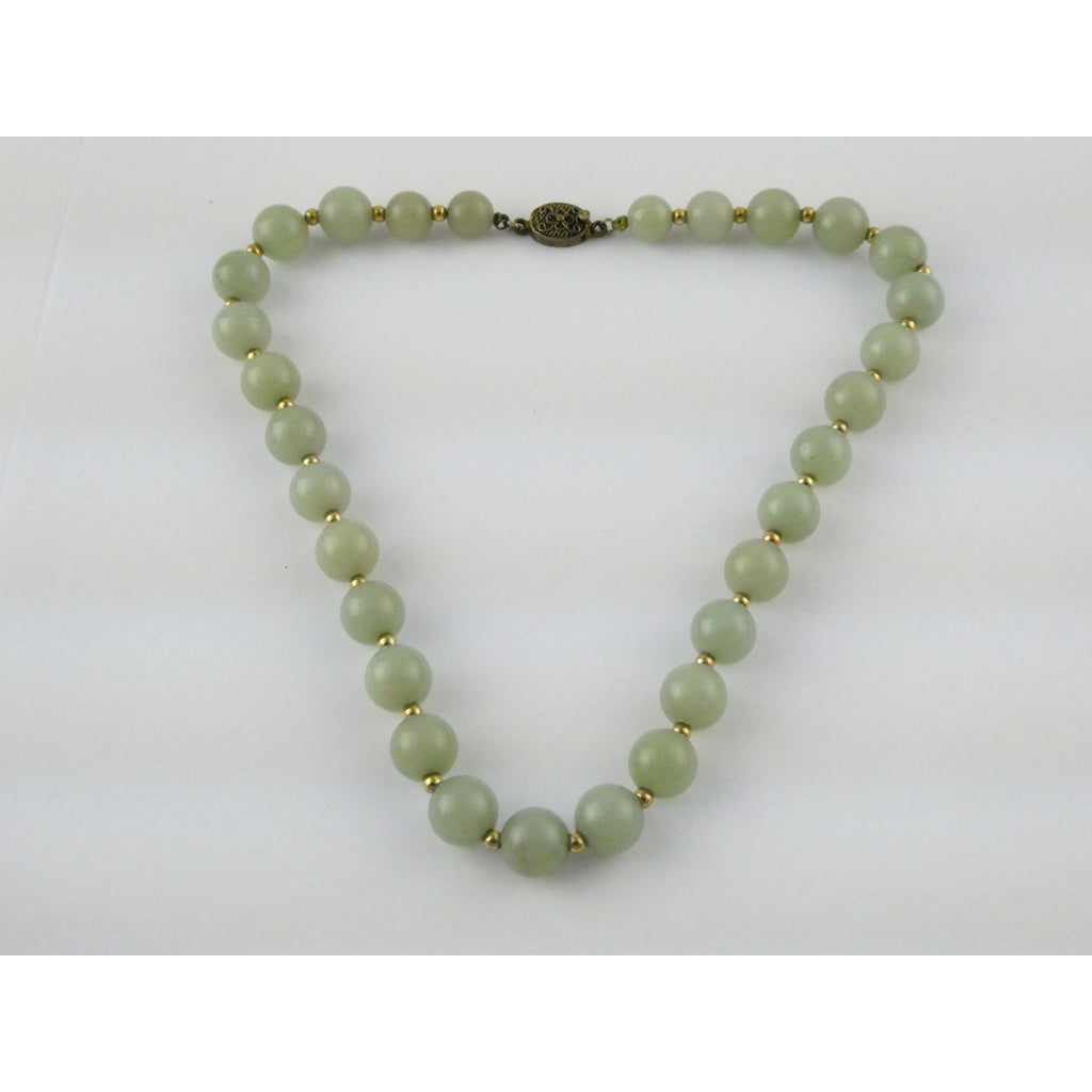 Chinese Export Gilt Sterling Silver Pale Green Jade Beaded Necklace 16 Inch 11mm