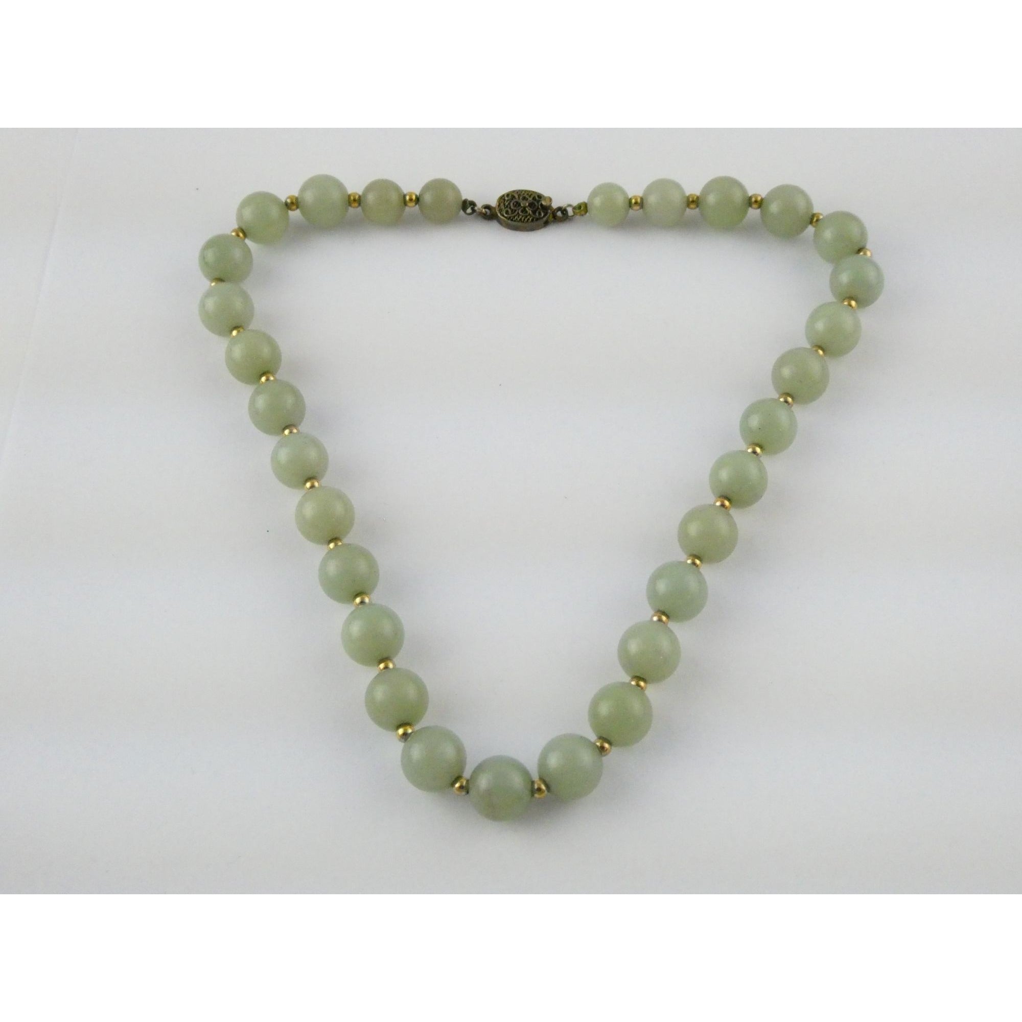 Chinese Export Gilt Sterling Silver Pale Green Jade Beaded Necklace 16 Inch 11mm