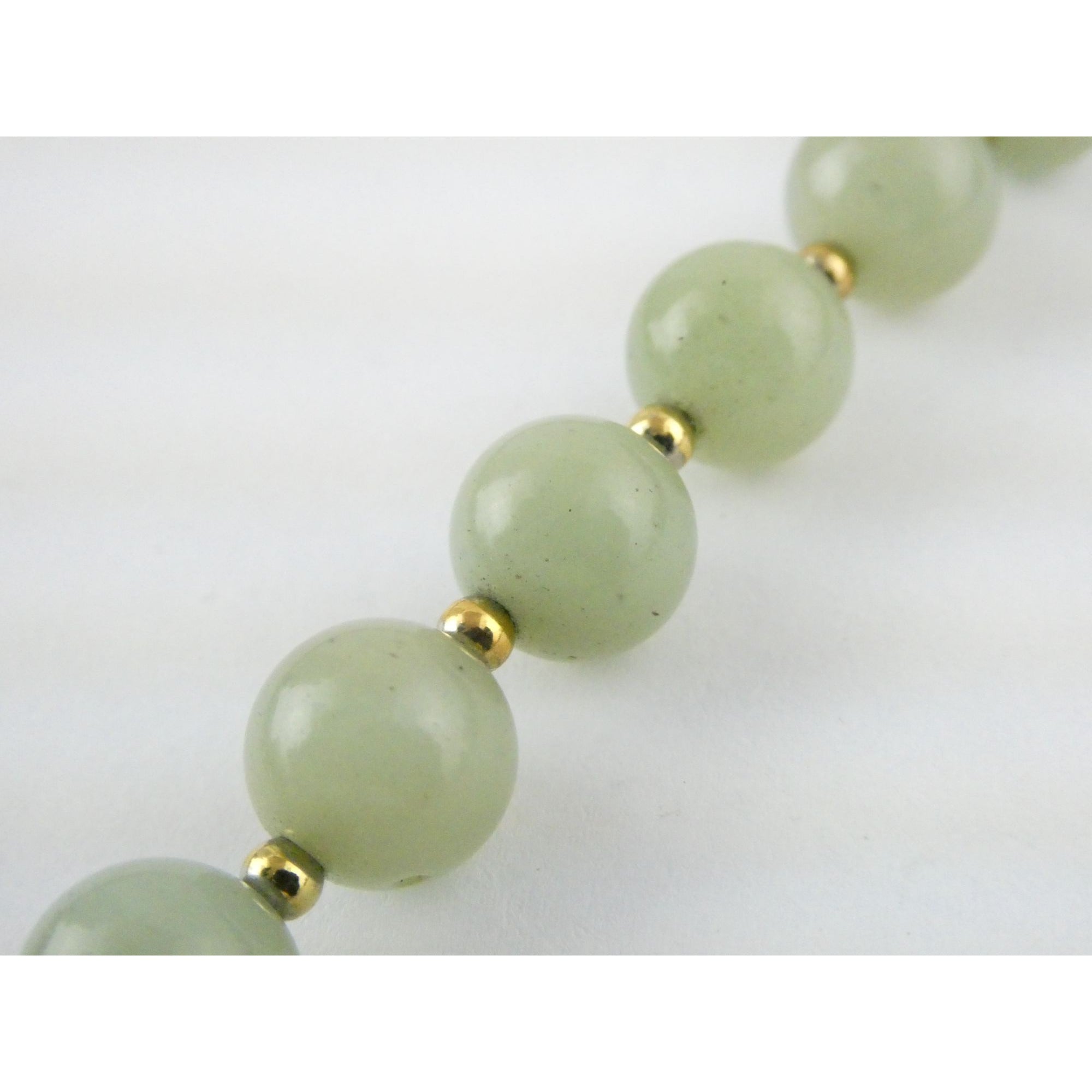 Chinese Export Gilt Sterling Silver Pale Green Jade Beaded Necklace 16 Inch 11mm