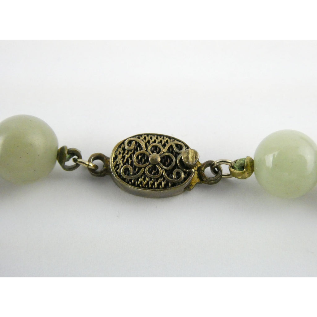 Chinese Export Gilt Sterling Silver Pale Green Jade Beaded Necklace 16 Inch 11mm