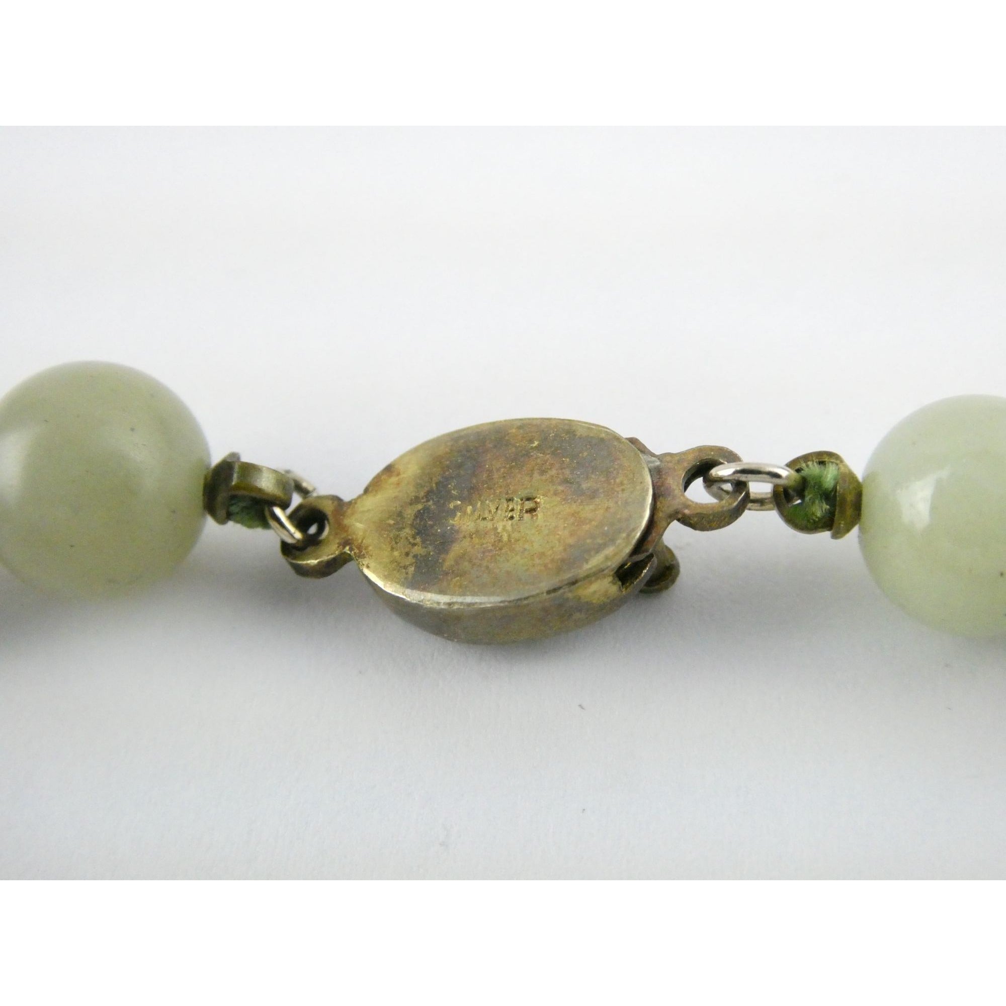 Chinese Export Gilt Sterling Silver Pale Green Jade Beaded Necklace 16 Inch 11mm