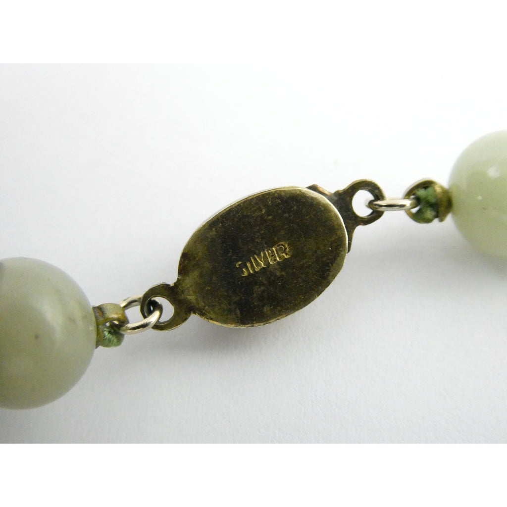 Chinese Export Gilt Sterling Silver Pale Green Jade Beaded Necklace 16 Inch 11mm