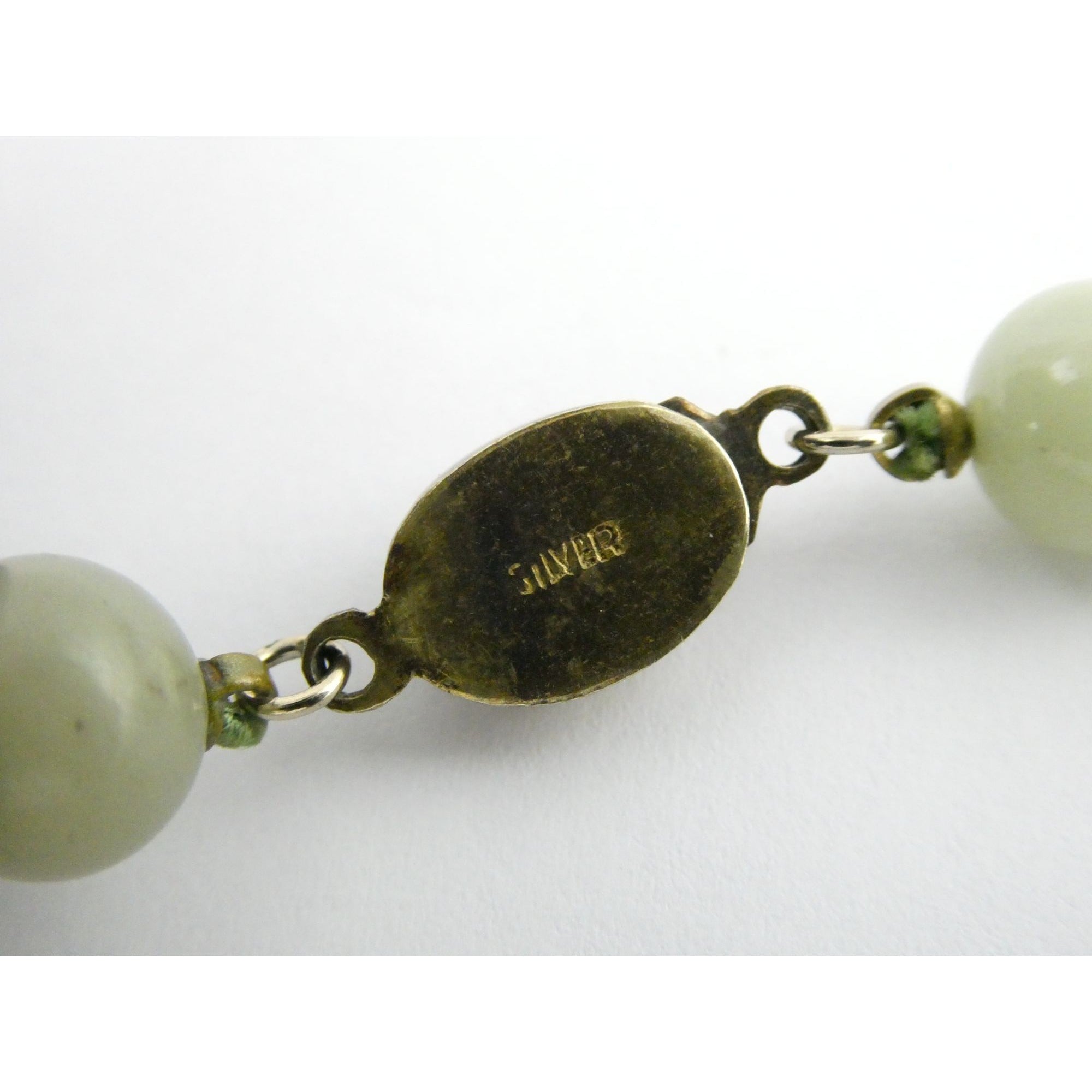 Chinese Export Gilt Sterling Silver Pale Green Jade Beaded Necklace 16 Inch 11mm