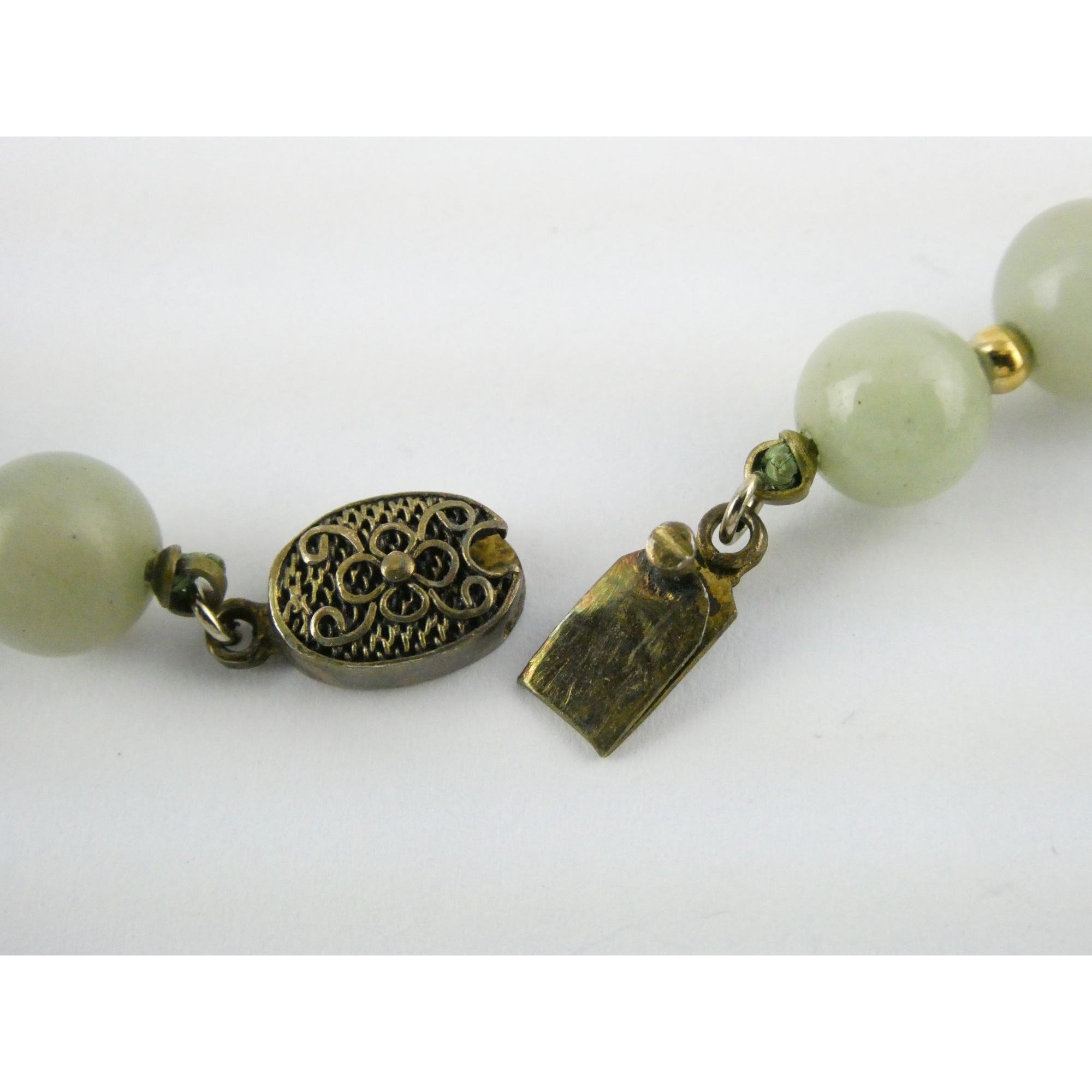 Chinese Export Gilt Sterling Silver Pale Green Jade Beaded Necklace 16 Inch 11mm