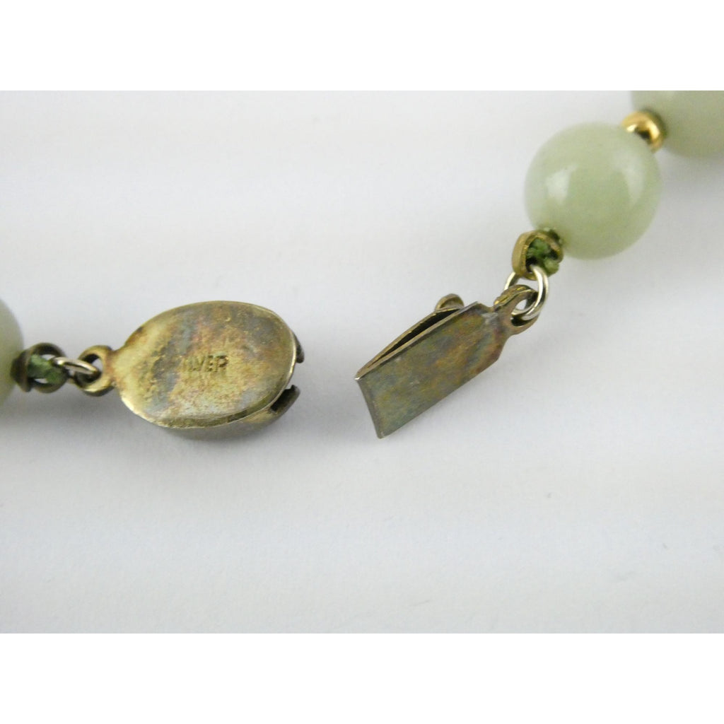 Chinese Export Gilt Sterling Silver Pale Green Jade Beaded Necklace 16 Inch 11mm